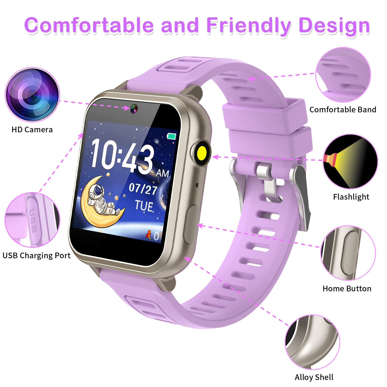 Kids Smart Watch Girls Ages 4-12, Smart Watch For Kids With Hd Touch Screen 24 Games Camera Video Alarm Music Pedometer Flashlig