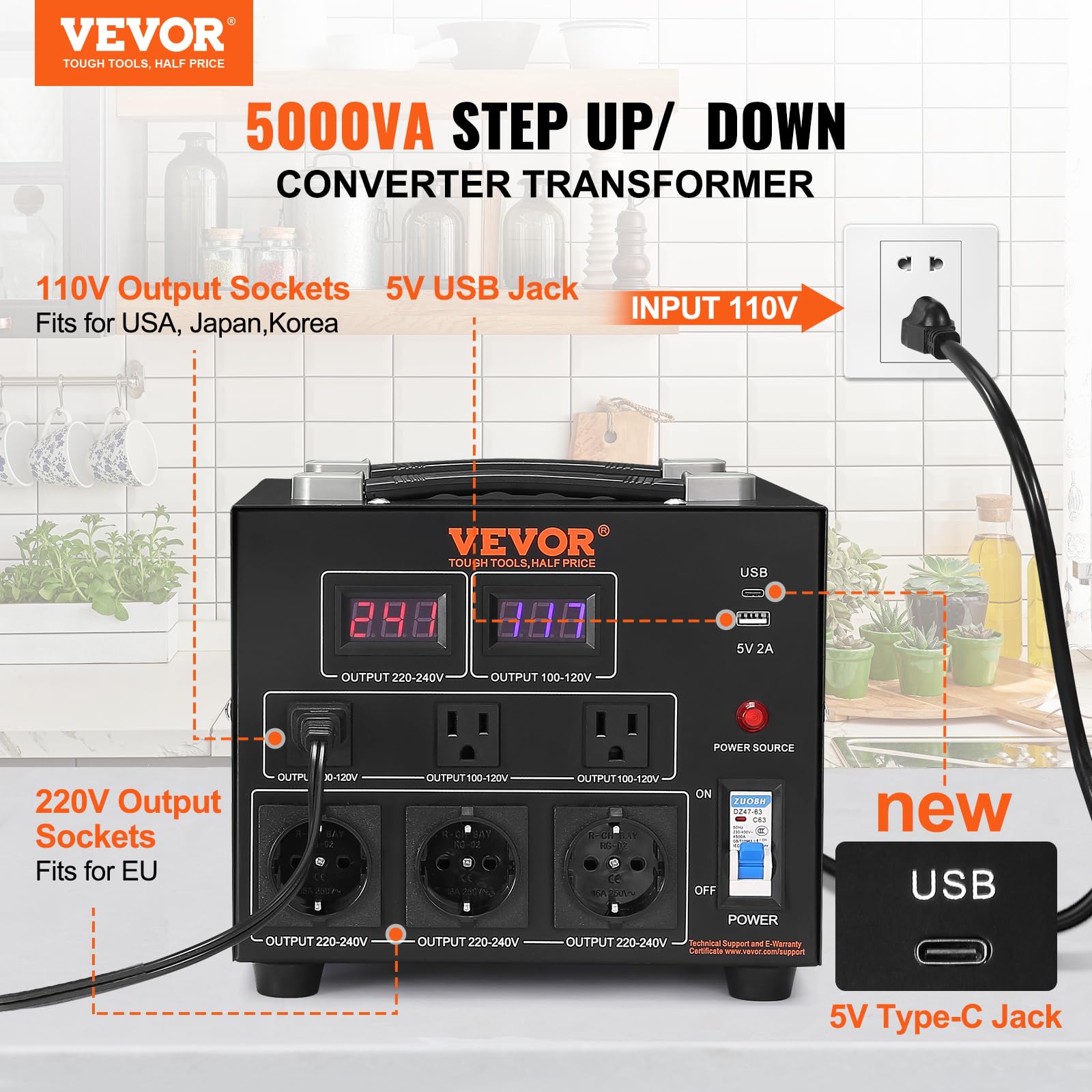 Vevor Voltage Converter Transformer, 5000W, Heavy Duty Step Up/Down Transformer, Convert From 110 Volt To 220 Volt And From 220 Volt To 110 Volt, With Us Outlet Eu Outlet 5V Usb Port, Ce Certified