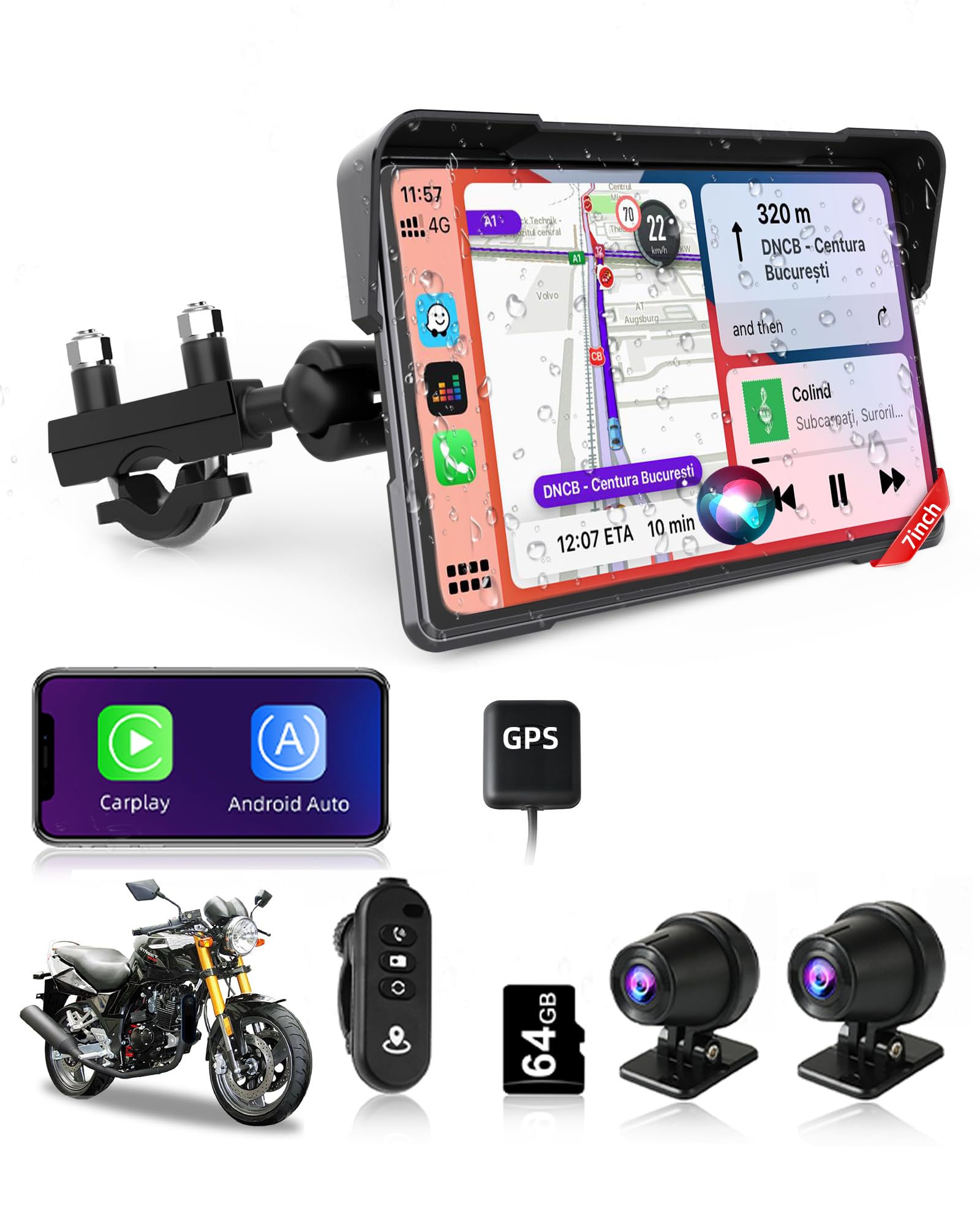 2025 Motorcycle CarPlay Screen 7 4K+1080P Dash Cam Front and Rear Android Auto Wireless Carp Lay Waterproof for Moto with Dual C