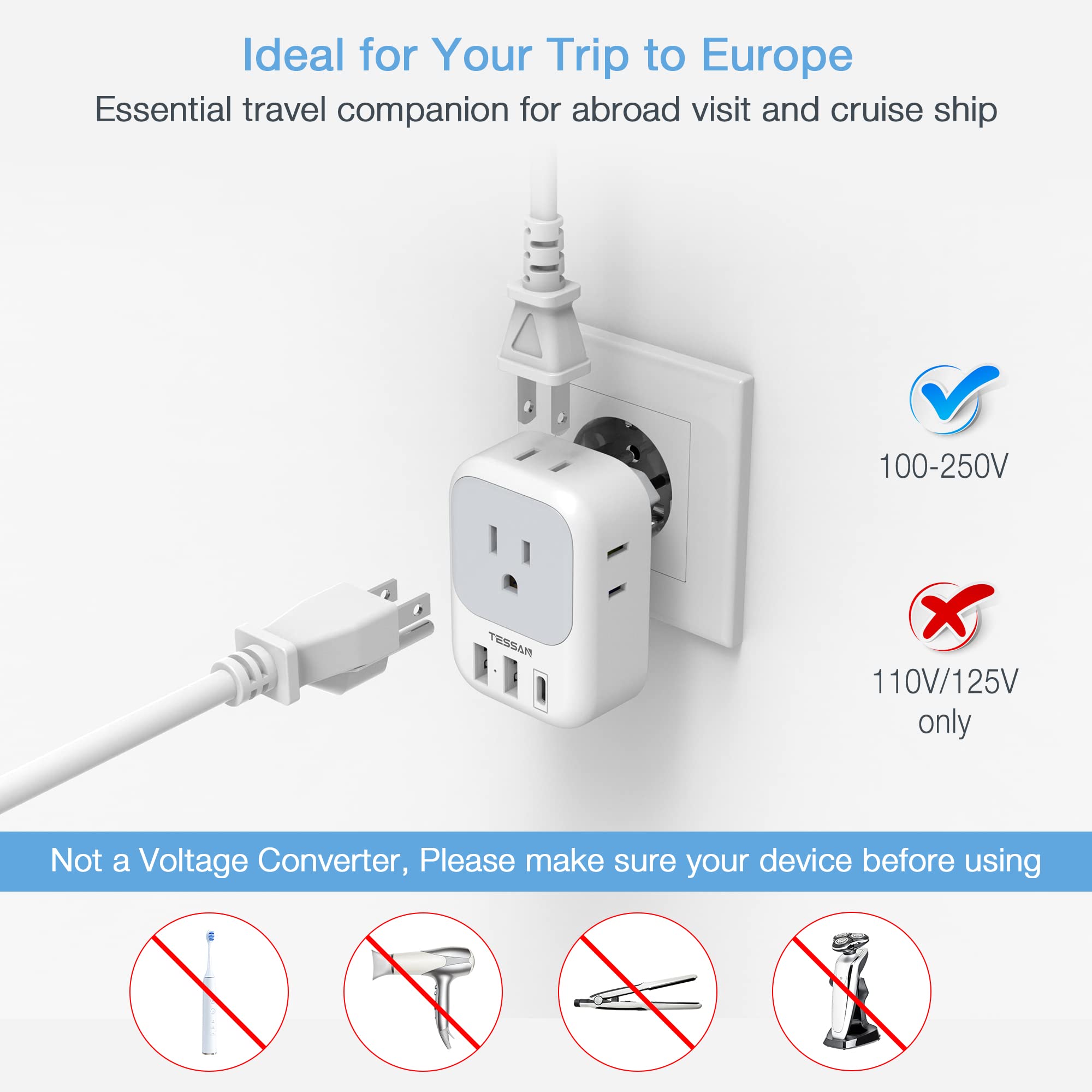 Tessan 3 Pack European Travel Plug Adapter Usb C, Us To Europe Plug Adapter With 4 Ac Outlets And 3 Usb Ports, Type C Power Adap
