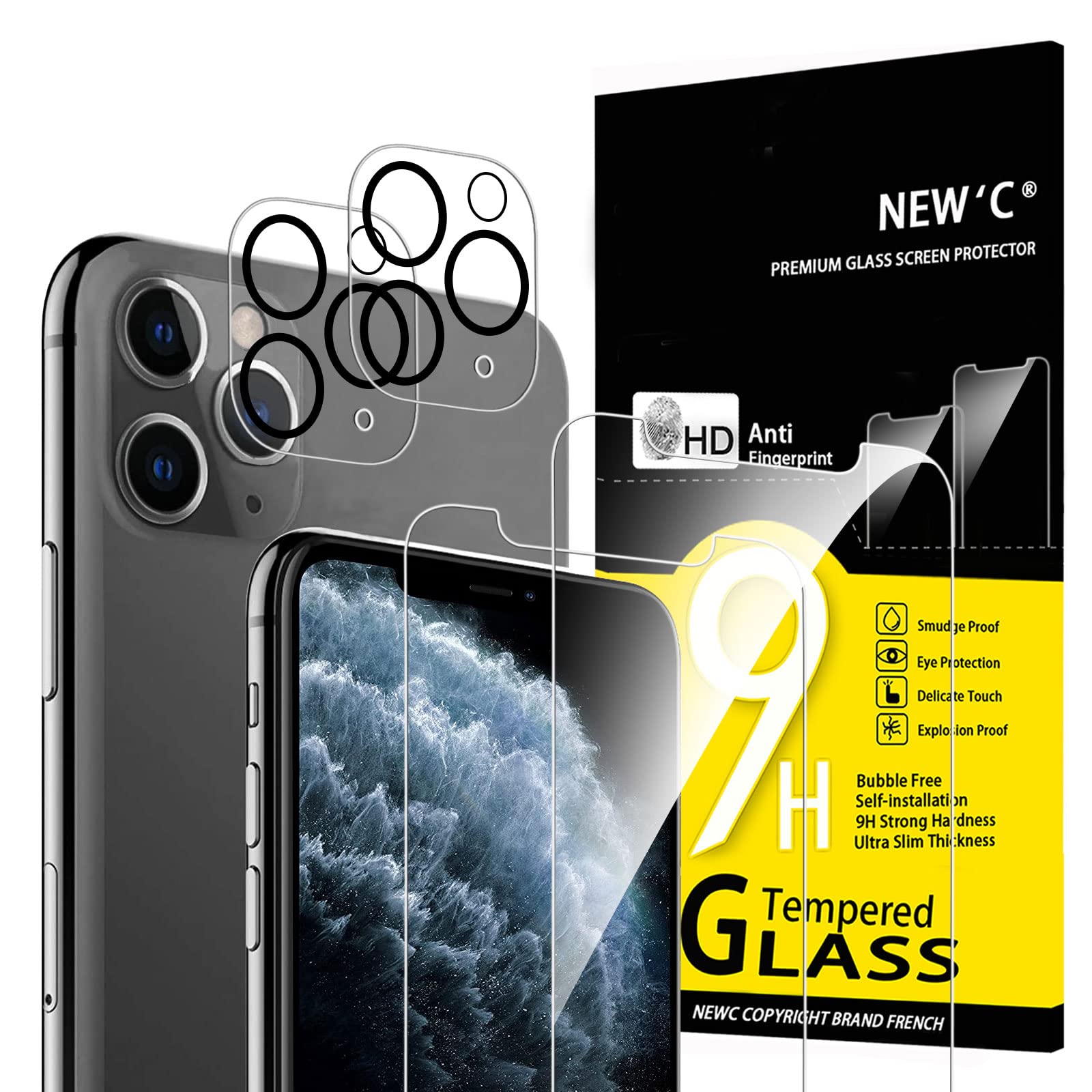 New'C 4 Pack, 2 Pack Screen Protector For Iphone 11 Pro + 2 Pack Camera Lens Protector, Sensor Protection,Case Friendly Tempered