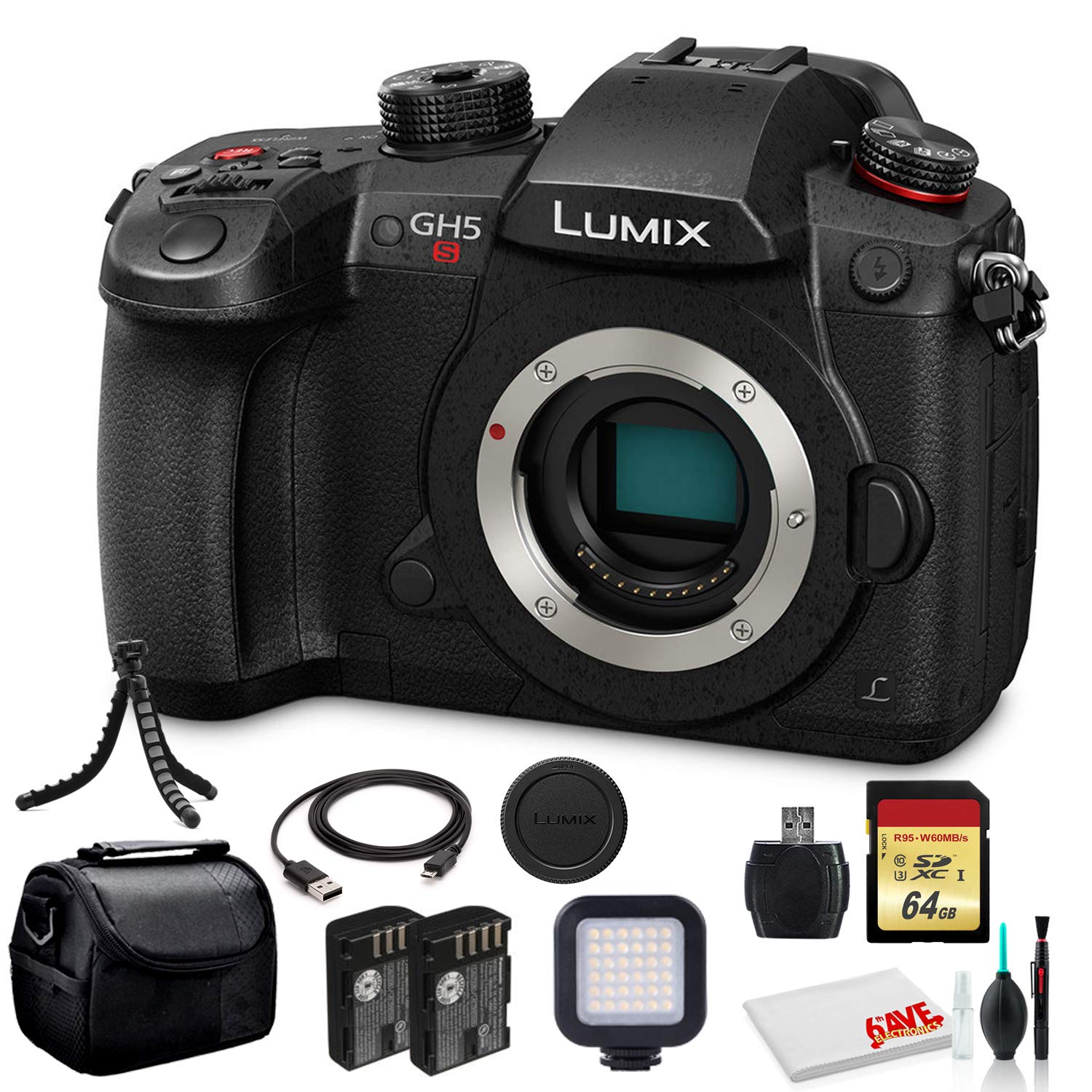 Panasonic Lumix DC-GH5S Mirrorless Digital Camera (DC-GH5S) - Bundle - with Sony 64GB Tough SD Card + LED Video Light + DMW-BLF1