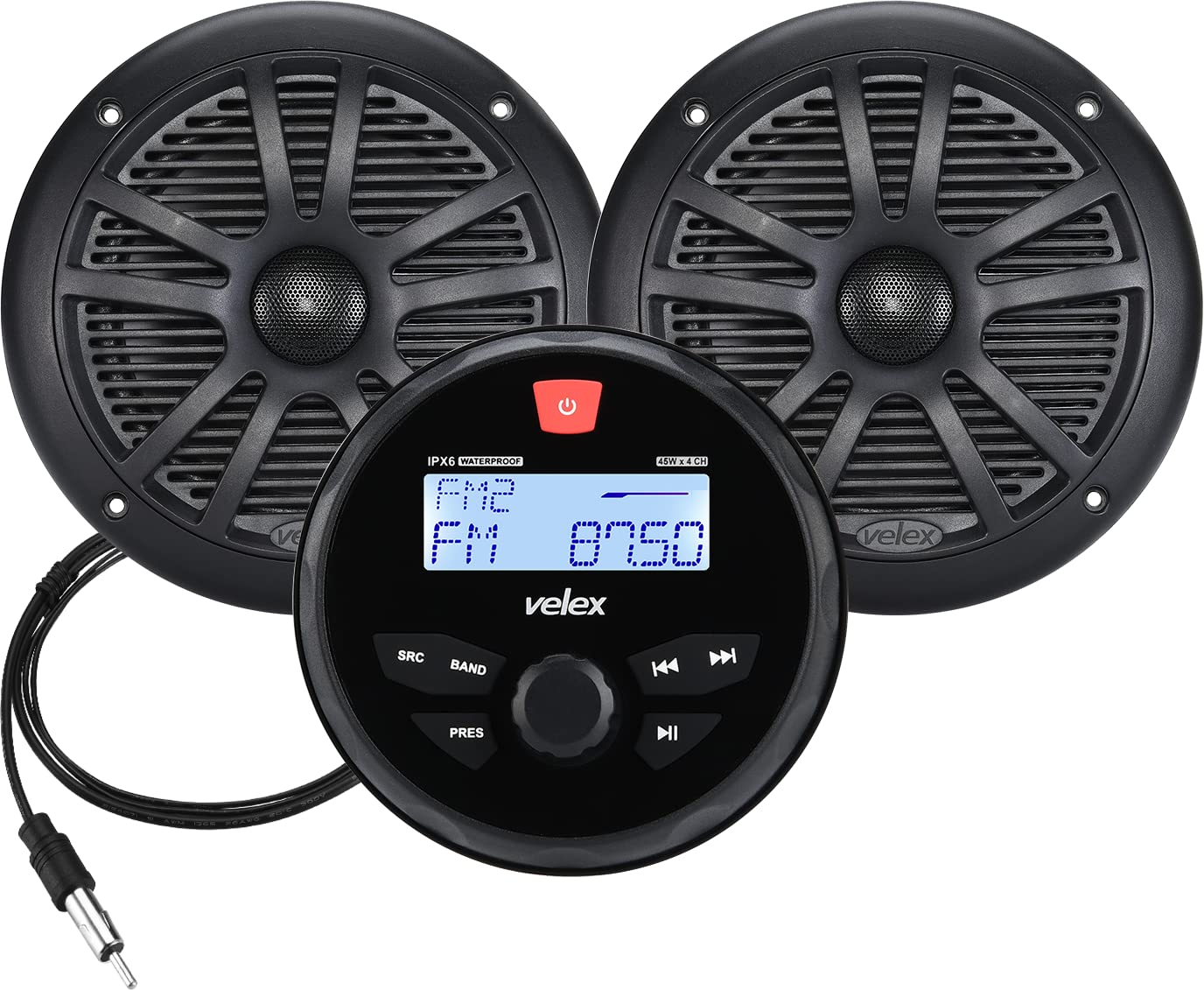 Velex Marine Stereo Speaker Package Bluetooth, Mp3 Usb Am Fm Marine Stereo   2 X 6.5 Inch Black Speakers, Antenna