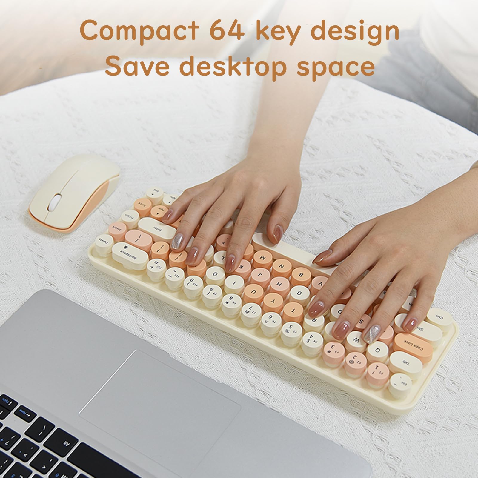 Compact Wireless Keyboard And Mouse Combo, Colorful Round Keycap, Soundless 68 Keys, Suitable For Girls And Kids, Compatible Wit