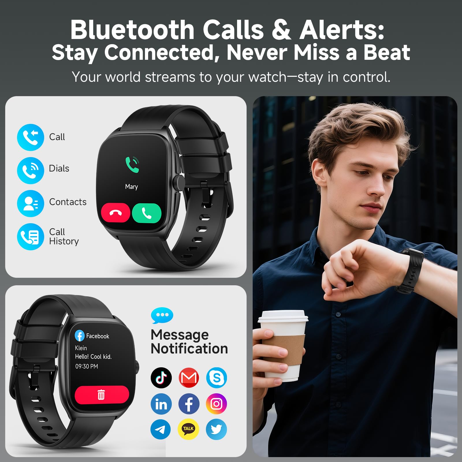 Souyie Smart Watch With Sos, 1.85 '' Amoled Display Fitness Tracker, Heart Rate Blood Oxygen Sleep Monitor For Men Women, Ip68 W