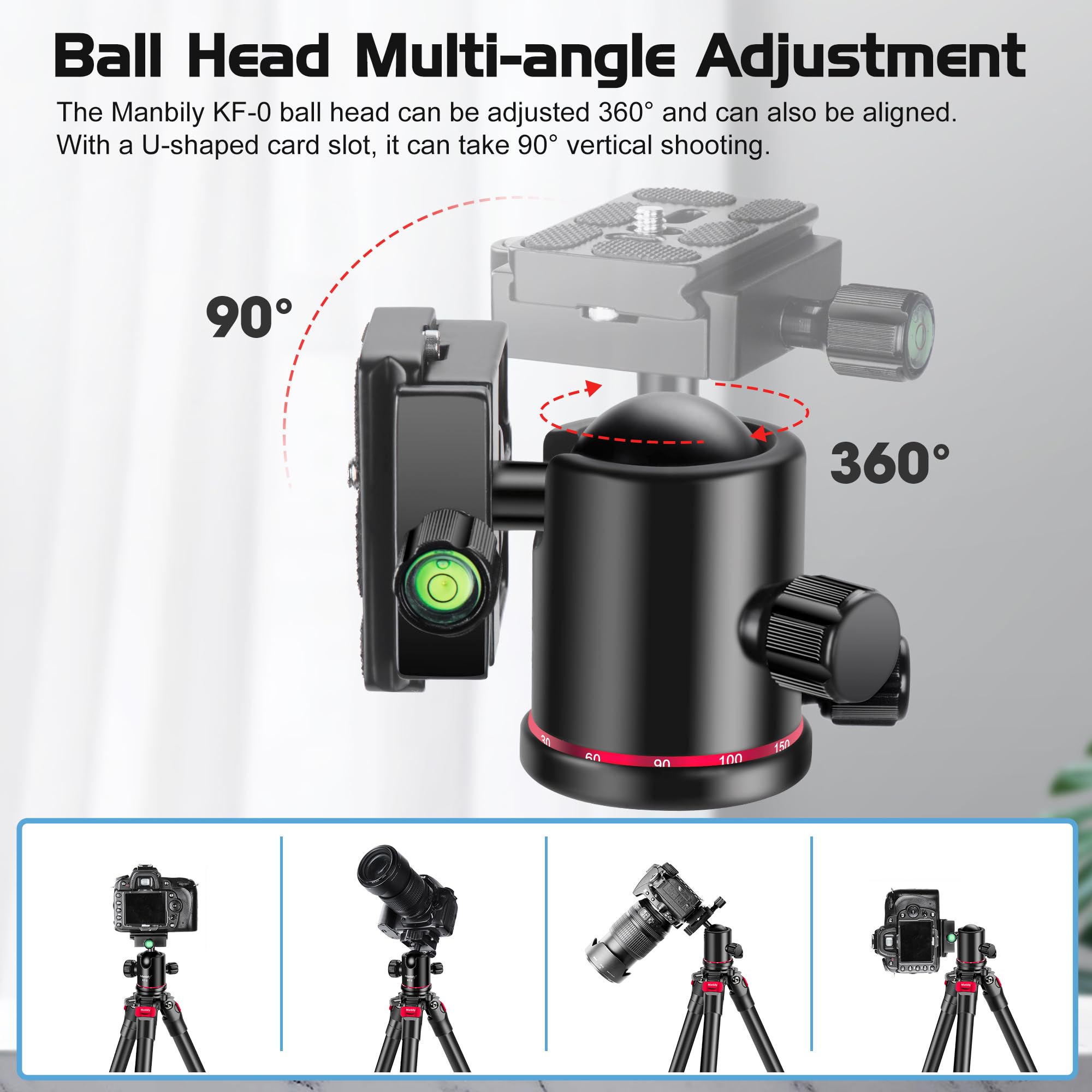 Ball Head Manbily Tripod Head Metal Aluminum Body 360� Panoramic Monopod Head With Extra Arca Swiss Quick Release Plate, Load Up To 17.6Lbs/8Kg,Camera Head For Dslr, Camcorder, Slider (Red)