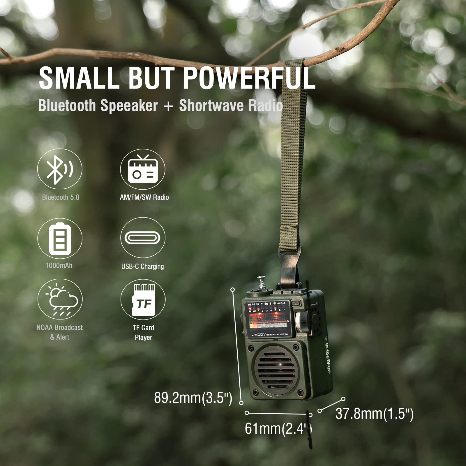 Raddy Rf750 Portable Shortwave Radio Am/Fm/Sw/Wb Receiver With Noaa Alerts   Pocket Retro Mini Radio Rechargeable, W/ 9.85 Ft Wi