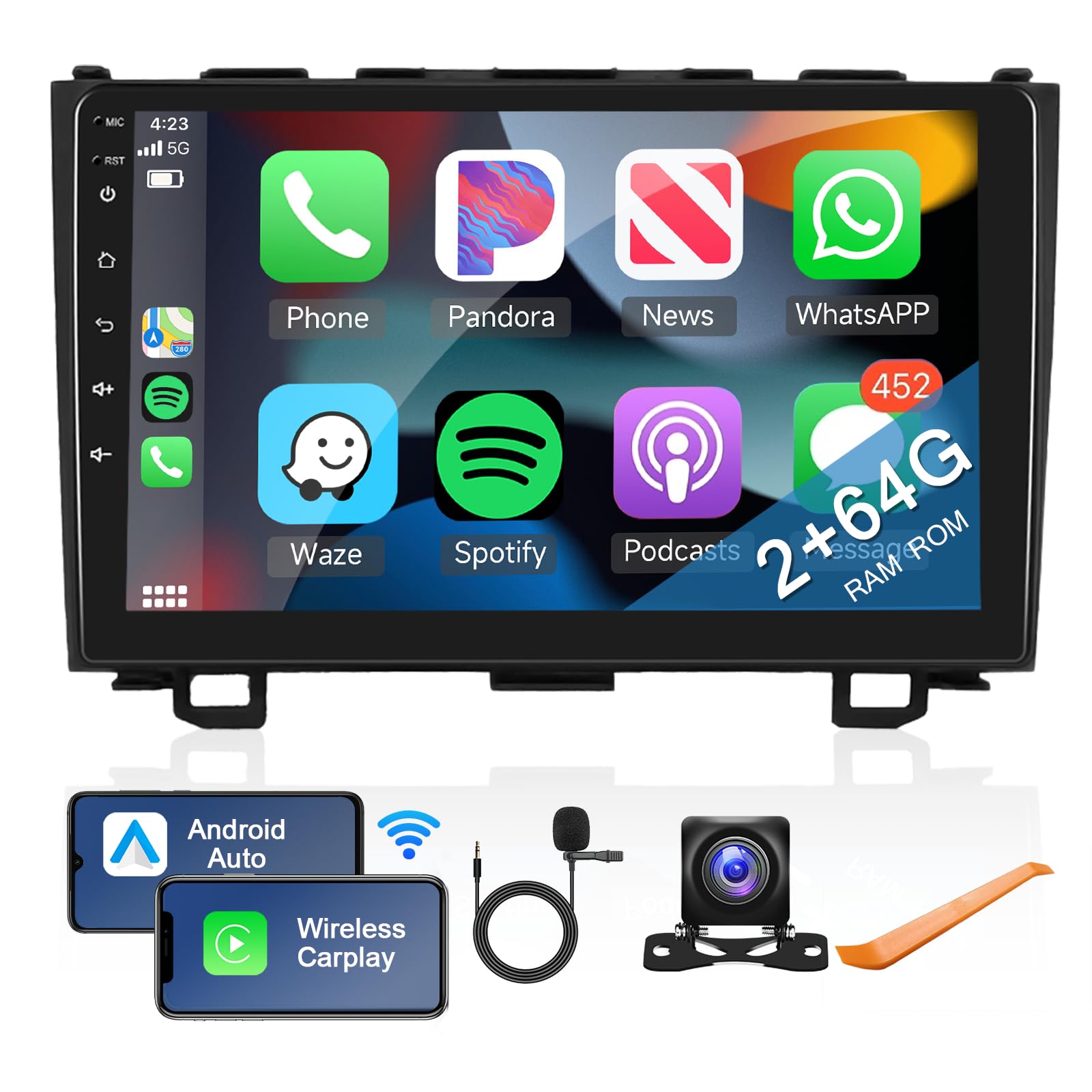 2+64G For Honda Crv 2007 2011 Android Car Stereo With Wireless Carplay/Android Auto, 9 Inch Touchscreen Bluetooth Car Radio Support Wifi Gps Navigation Usb Fm/Rds Swc Hifi Audio Backup Camera