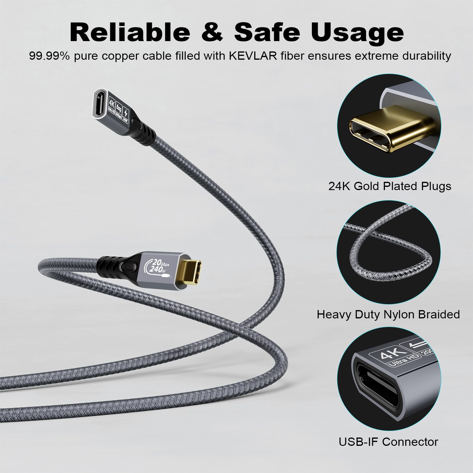 Usb C 3.2 Extension Cable, 2 X 20Gbps Usb 3.2 Gen2 Type C Male To Female Extender Cable Ultra Hd 4K@60Hz 240W Charging Data Transfer Compatible With External Ssd (2, 2 X Extension 20G 240W 0.5M)