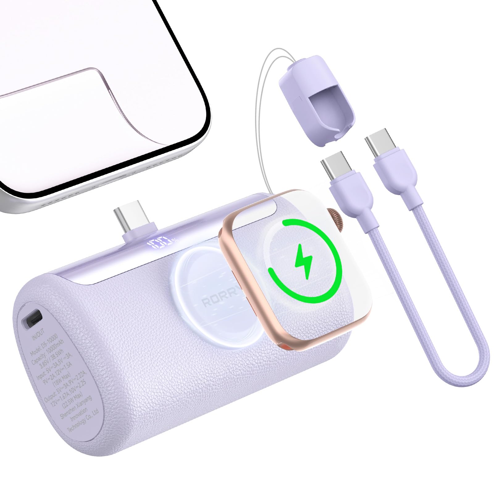 RORRY PalmGo Portable Charger, 10000mAh PD 22.5W Fast Charging Mini Power Bank with Built-in USB C Connector, 3-in-1 Battery Pac
