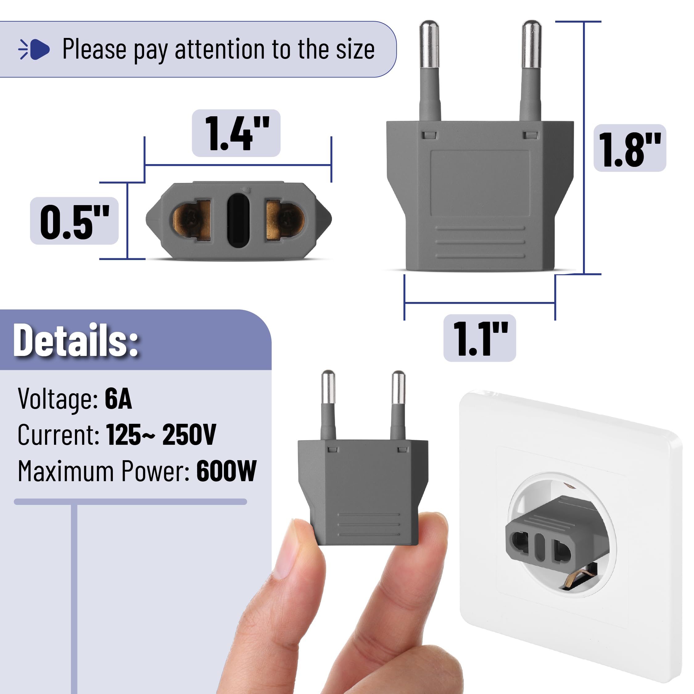 Bates  European Travel Plug Adapter, 3 Pack, Grey, European Plug Adapter, Us To Europe Plug Adapter, Adapter For Europe Plug, Us