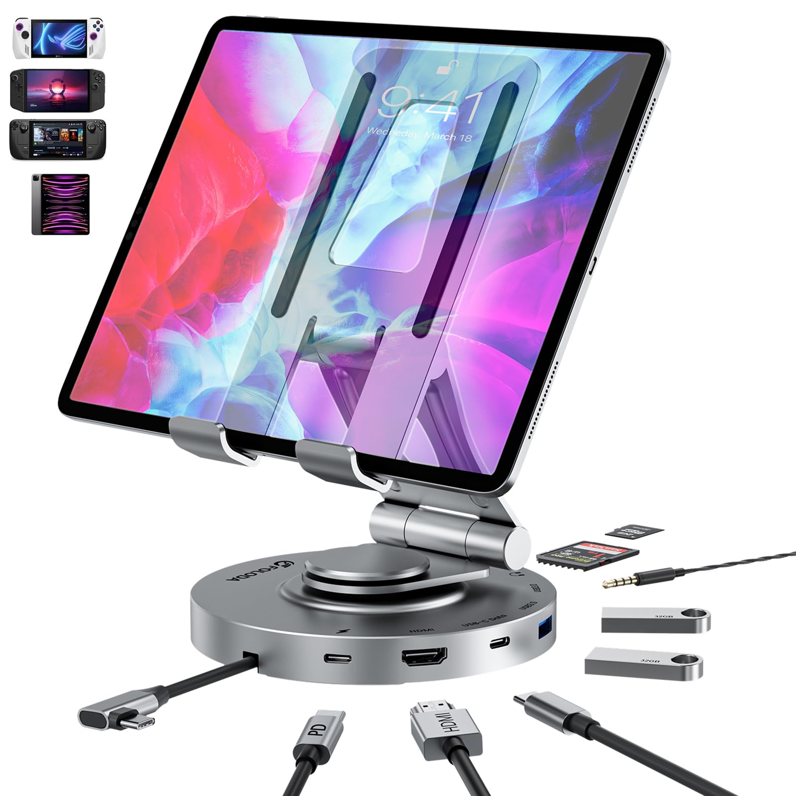 USB C Hub for Ipad Pro Docking Station, FOLODA 8-in-1 Rotatable Folding Type-C Tablet Stand with 4k HDMI, USB C 3.0 Data Port, 2