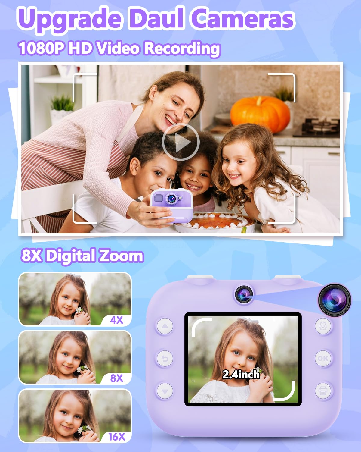 Instant Print Camera For Kids, Christmas Birthday Gifts For Girls Boys, Kids Camera Instant Print With Dual Camera 1080P Digital