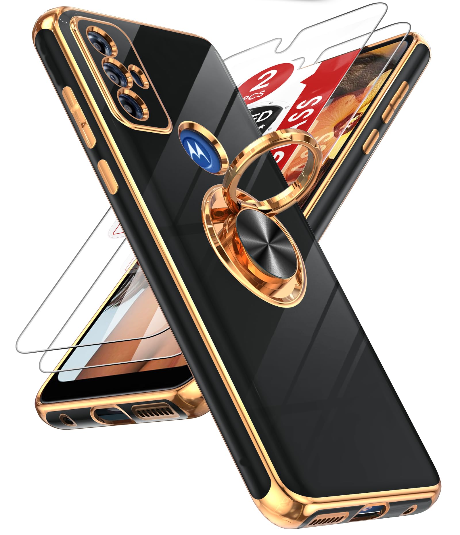 LeYi for Moto G Play 2023 Phone Case: with Tempered Glass Screen Protector [2 Pack] 360 Rotatable Ring Holder Magnetic Kickstand