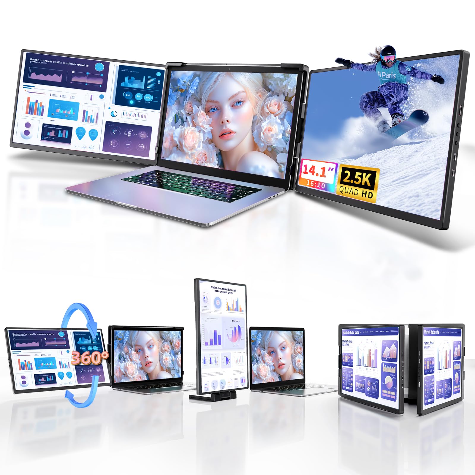 Pitycbo Laptop Screen Extender Monitor Portable   2.5K Triple Laptop Screen Extender, Plug And Play Multiple Screens Extended Fi