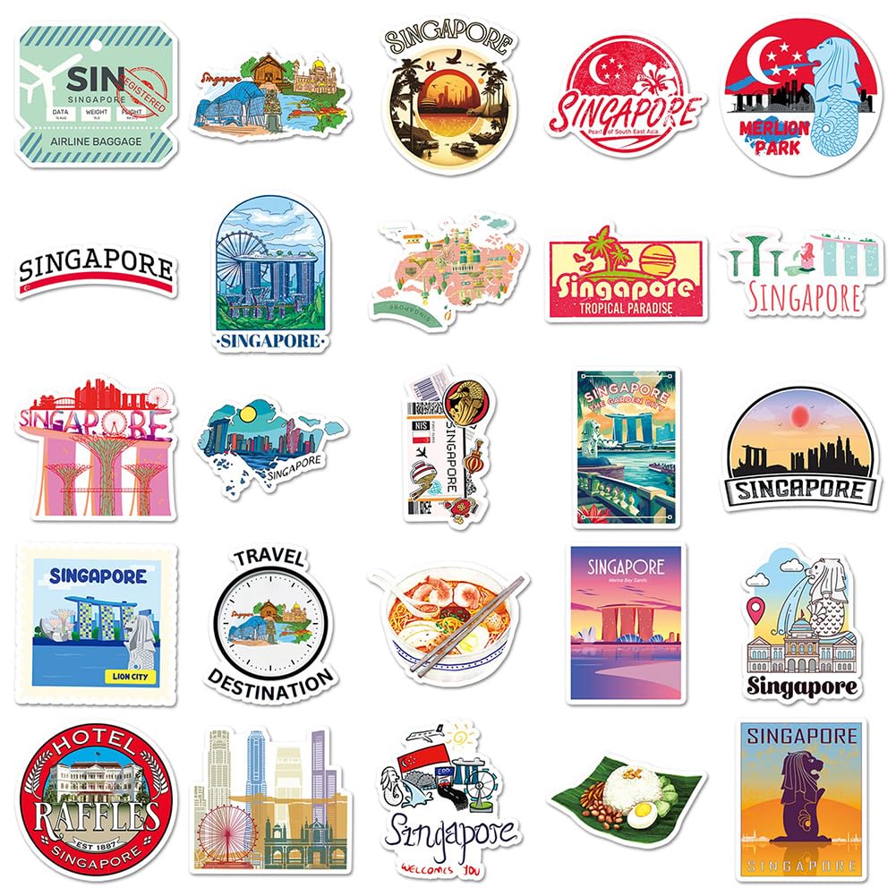 Singapore Travel Stickers |50Pcs Singaporean Waterproof Vinyl Decals For Bike Water Bottles Laptop Bicycle Refrigerator Cup Lugg