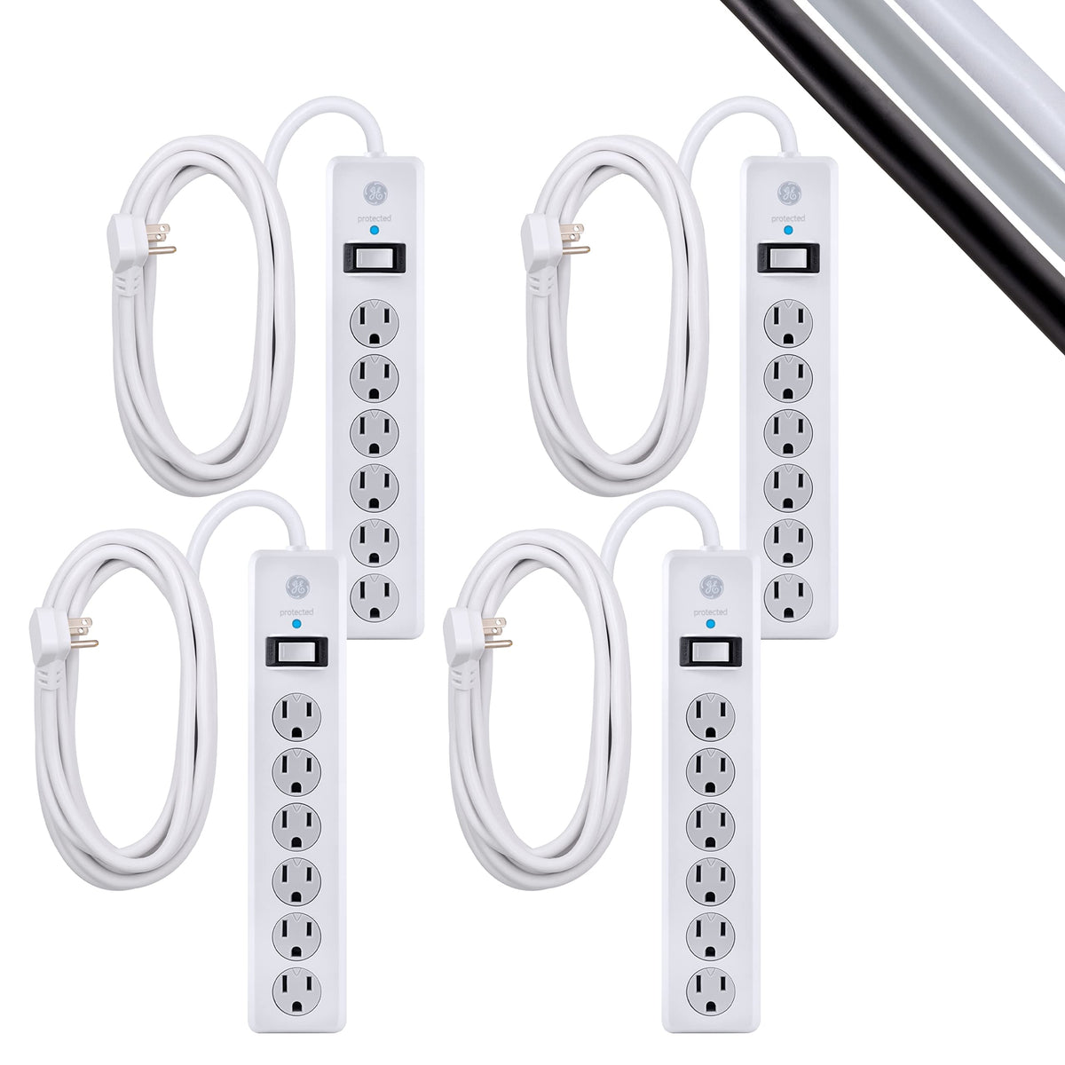 Ge 6 Outlet Surge Protector, 4 Pack, 8 Ft Extension Cord, Power Strip, 800 Joules, Flat Plug, Twist To Close Safety Covers, Prot
