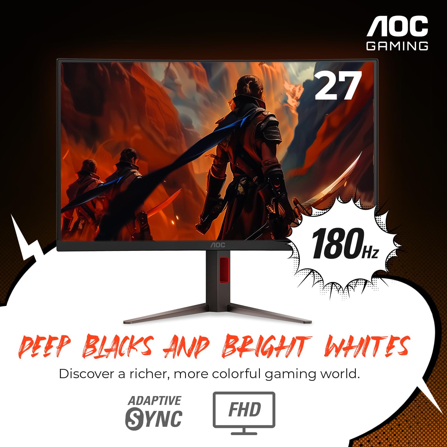 Aoc C27G4H 27'' Curved Gaming Monitor, Fhd 1080P, 180Hz, Amd Freesync, 3 Year Zero Dead Pixel Guarantee, Black, Xbox Ps5 Switch