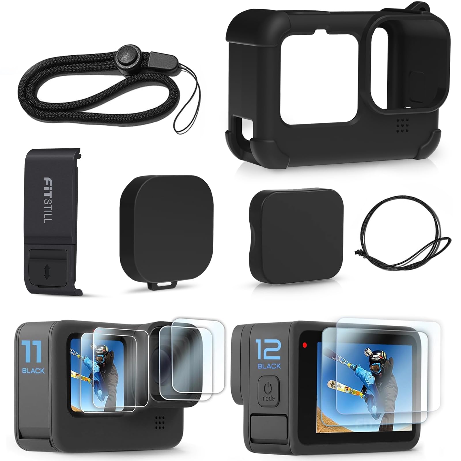 Fitstill Blue Silicone Sleeve Case For Go Pro Hero 11 Hero 10 Hero 9 Black, Battery Side Cover&Screen Protectors&Lens Caps&Lanya