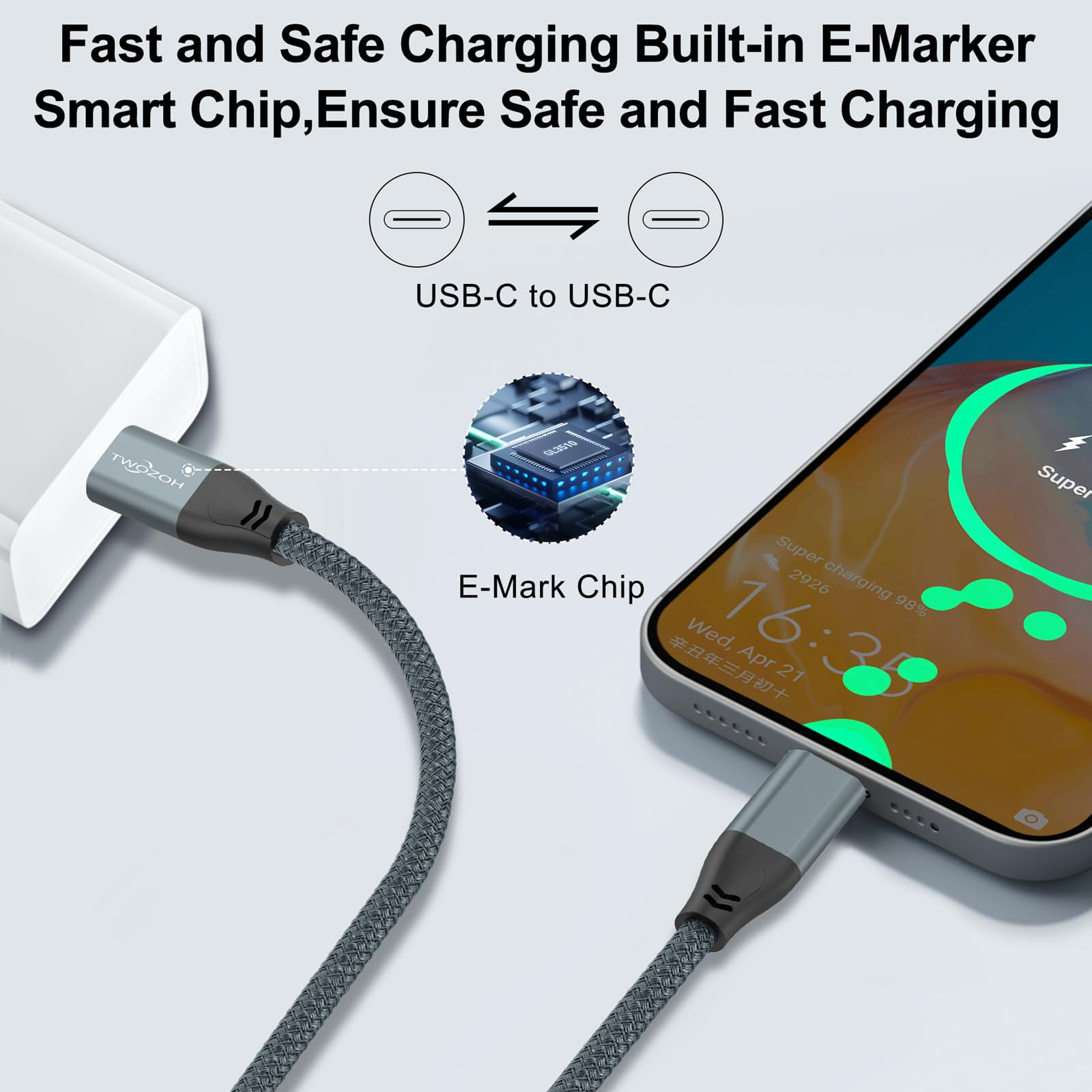 Twozoh Usb C To Usb C 3.2 Gen 2 Cable 20Gbps Data Transfer 100W Pd Fast Charging 4K Video Output Monitor Cord (1.6Ft, Grey)