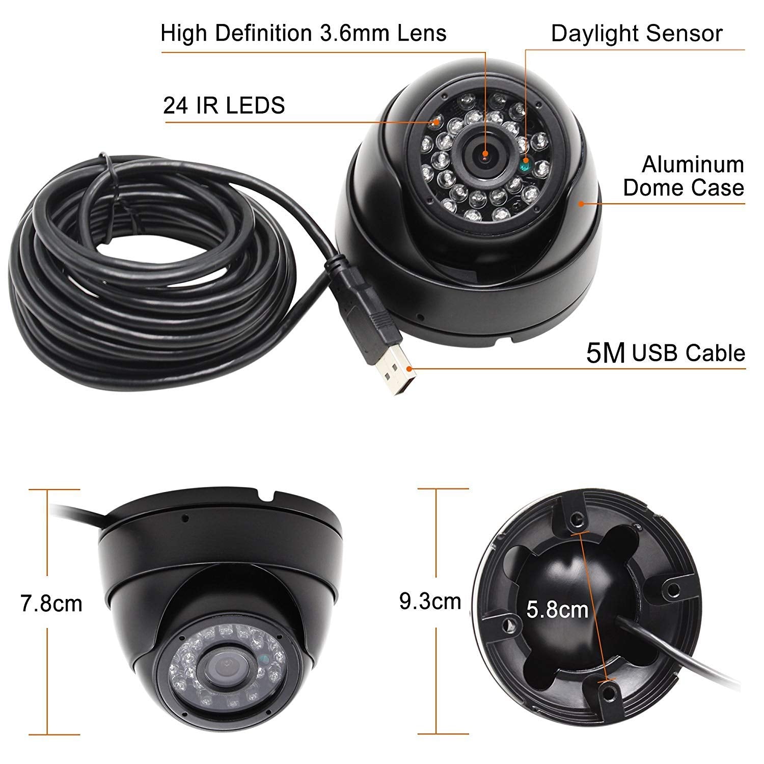 Hotpet 2 Megapixel Usb Camera 1080P Webcam Day Night Vision Indoor Outdoor Dome Camera, 0.01Lux Low Illumination Otg Camera,H.26