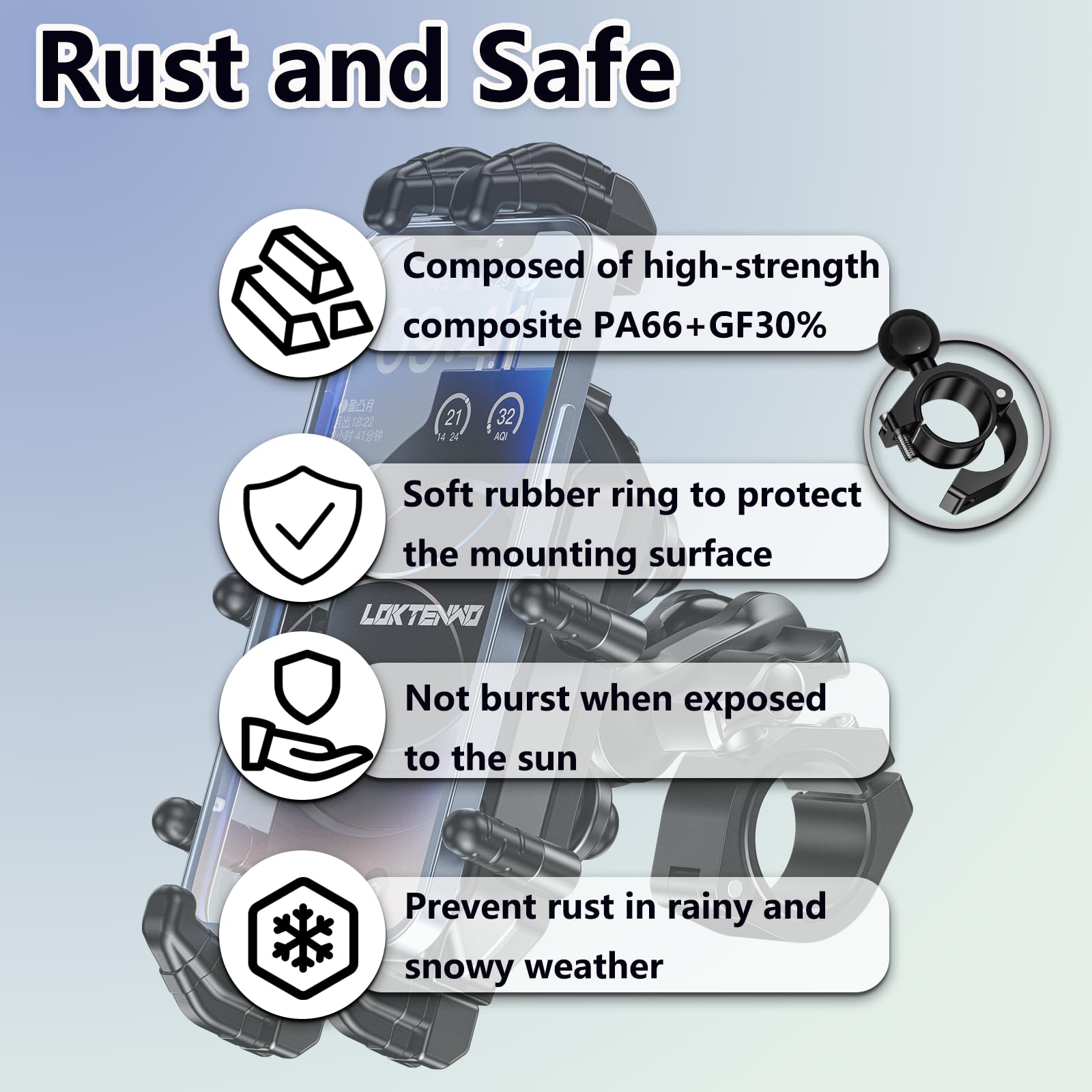 Loktenwo Motorcycle Phone Mount With Vibration Dampener & Secure Lock [ Metal Arm & Handlebar Mounting Base] Anti-Theft Motorcyc