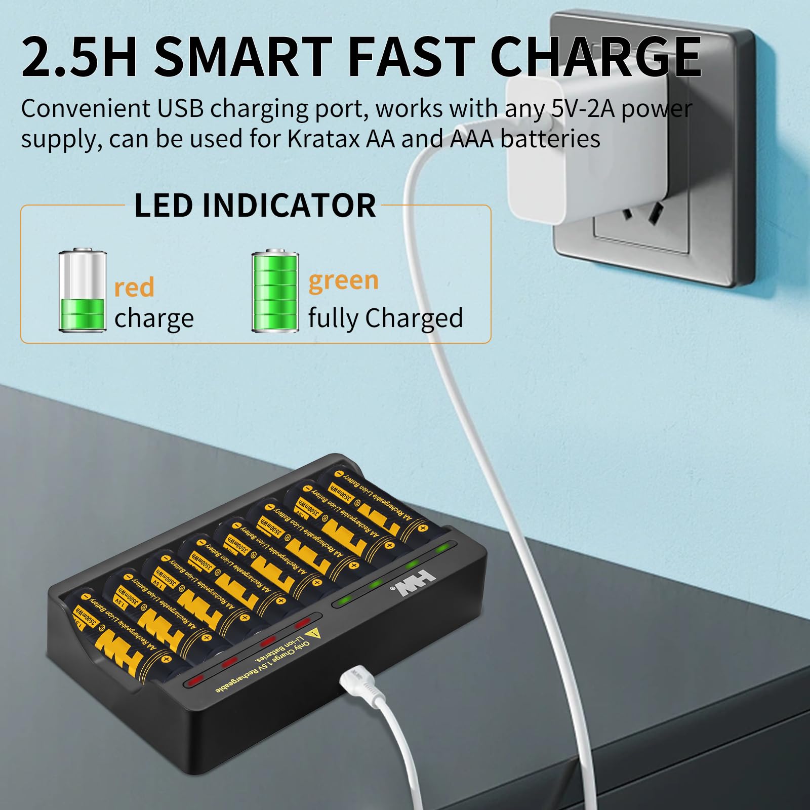 Hw Rechargeable Lithium Aa Batteries, 8 Pack 1.5V 3500Mwh Li-Ion Aa Battery With 8-Bay Aa/Aaa Charger, Long-Lasting Power, 2.5H
