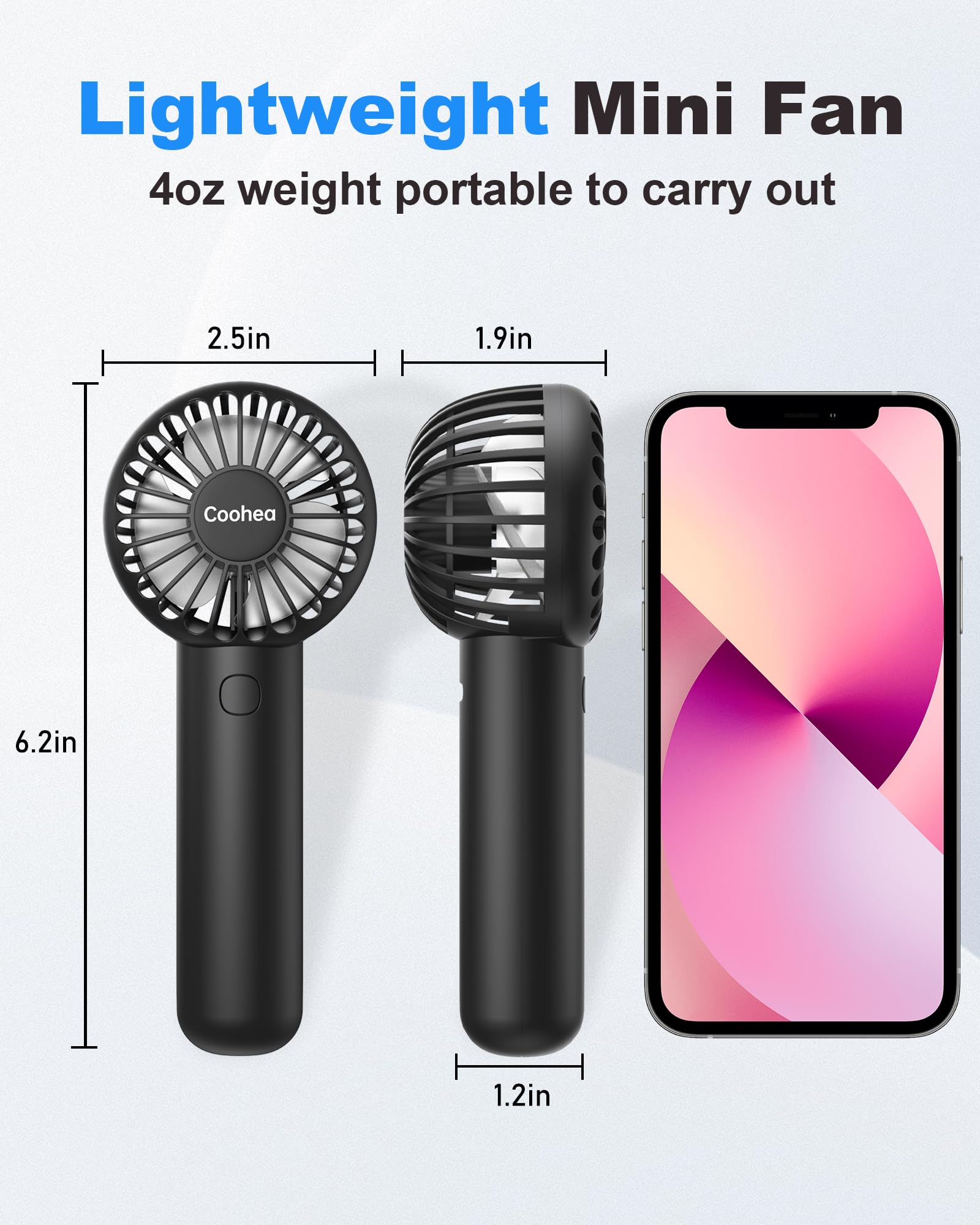 Coohea Handheld Fan Mini Portable Fan 3 Speeds Powerful Personal Fan Usb Rechargeable Battery Lash Fan Small Cooling Fan With Ba