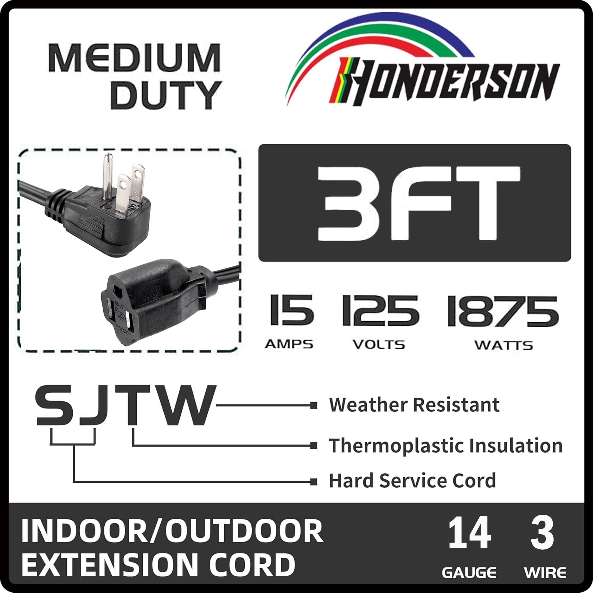 Honderson Flat Plug Extension Cord, Ul Listed, Indoor Extension Cord 14 Gauge 3Ft Black, 14/3 Spt 3 15A 3 Prong Grounded Power C