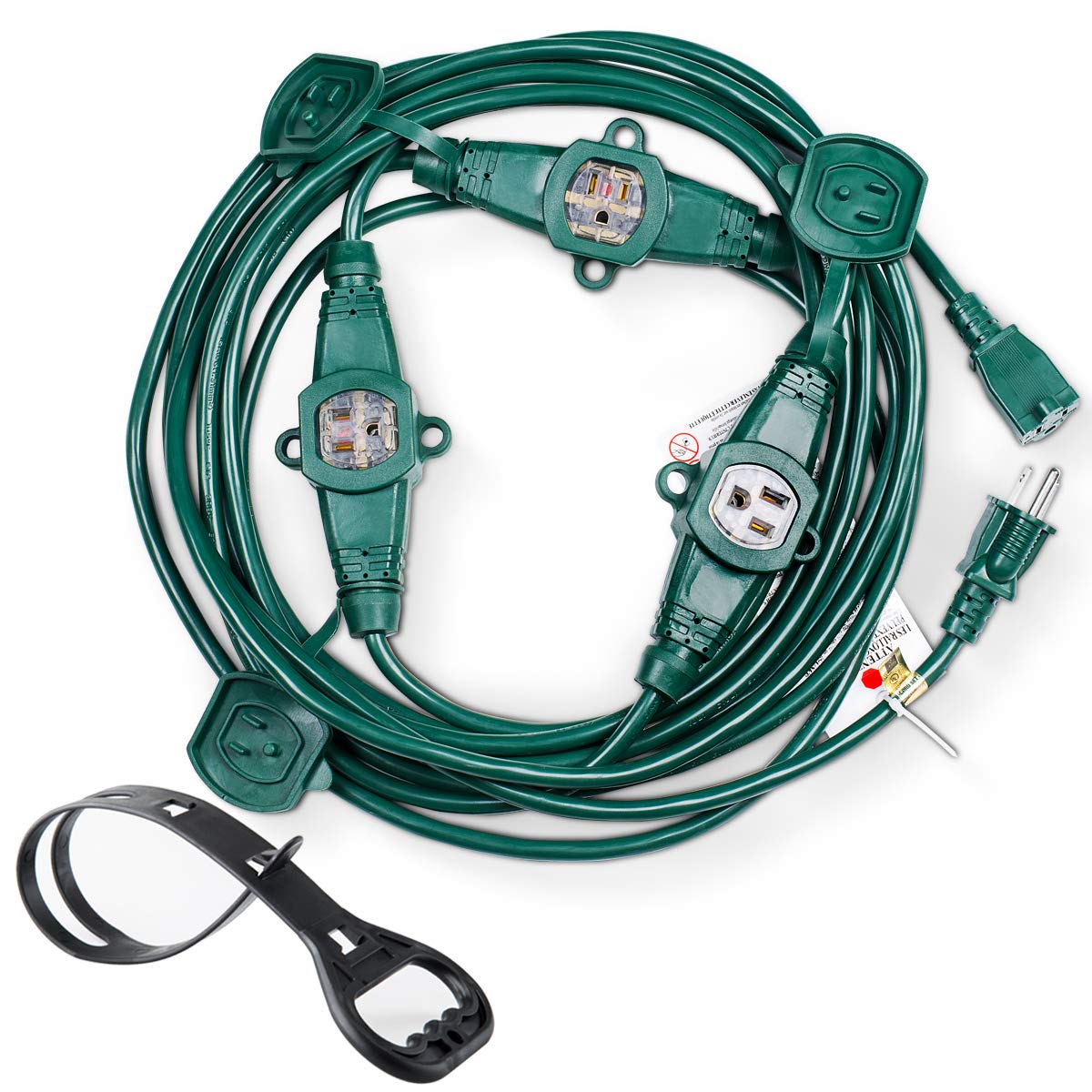 Yodotek 25Ft 14 Gauge Power Extension Cord,Green, 4 Spaced Outlet Cable.Multi Outdoor Evenly Spaced Plugs,Power Cord Splitter,Id