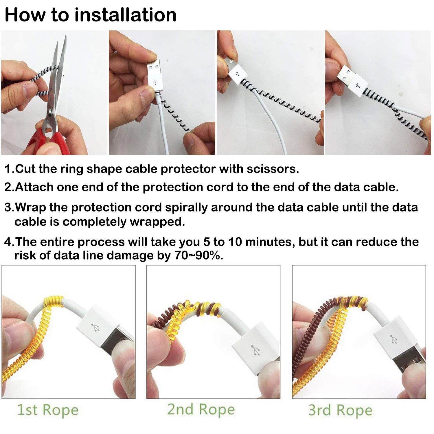 Rancco Cable Protector/Wire Repair/Pets Chew Cable Protector/Headphone Saver, 8 Pc Spiral Cable Strain Relief Cable Wrap Tube Ch