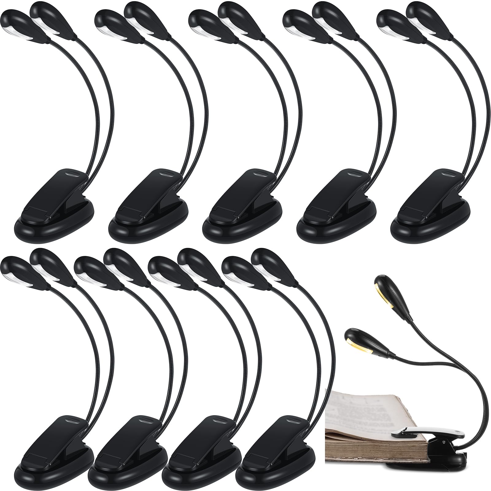 Rossesay 10 Pcs LED Book Light USB and AAA Battery Operated Music Stand Clip on Reading Light 4 Brightness Levels Dual Arm Clip 