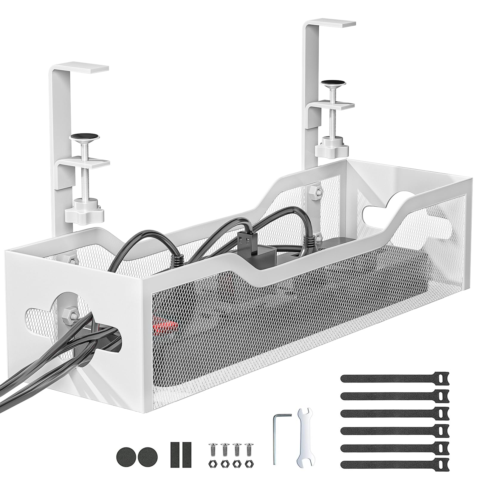 Litwaro Under Desk Cable Management Tray White, Cable Management Under Desk No Drill, Desk Cable Organizer With Clamp For Desk C