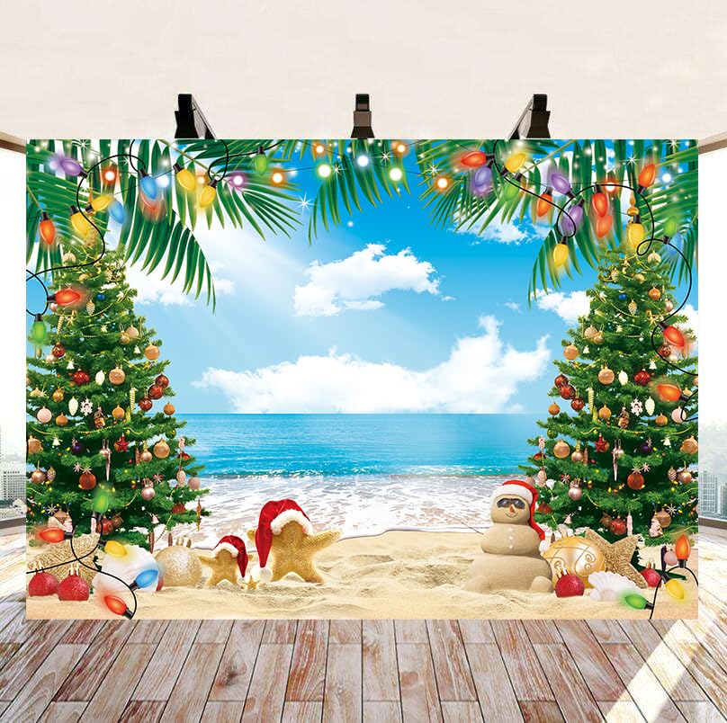 July Christmas Backdrop 10X8Ft Summer Beach Christmas Tree Decoration Photography Background Tropical Hawaiian Party Supplies Ph
