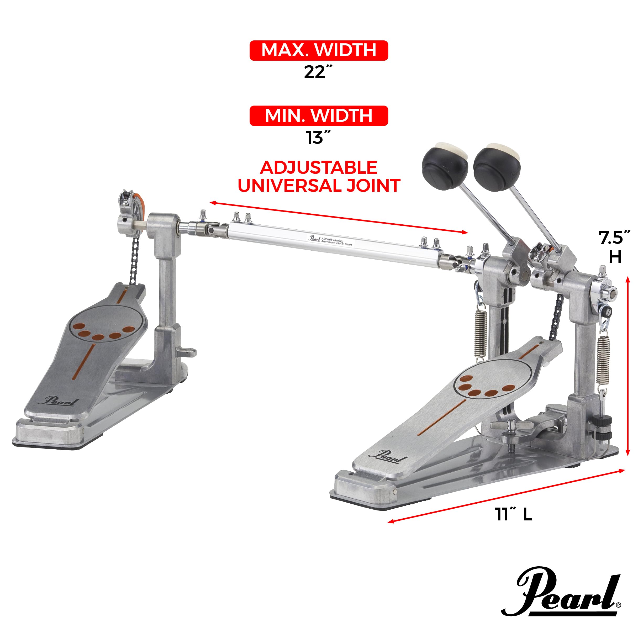 Pearl P932 Longboard Double Bass Drum Pedal With Sprocketless Chain Drive , Powershifter Pedalboard, And Dual Interchangeable Ca