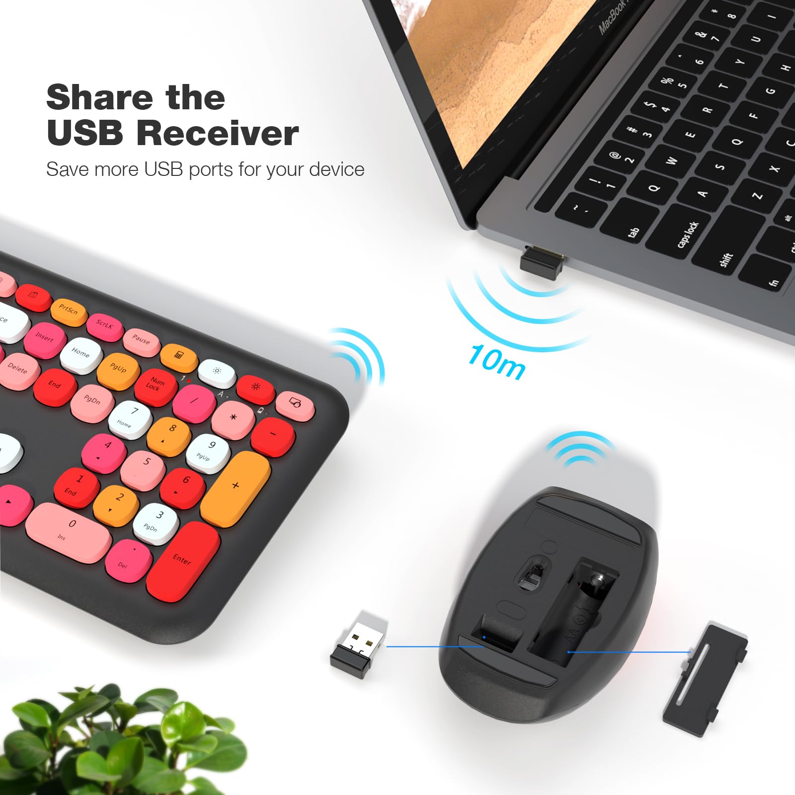 Meidosa Wireless Keyboard And Mouse Combo, Cute Colorful Keyboard Mouse Wireless 2.4G Usb Dongle Plug And Play For Pc, Laptop, C