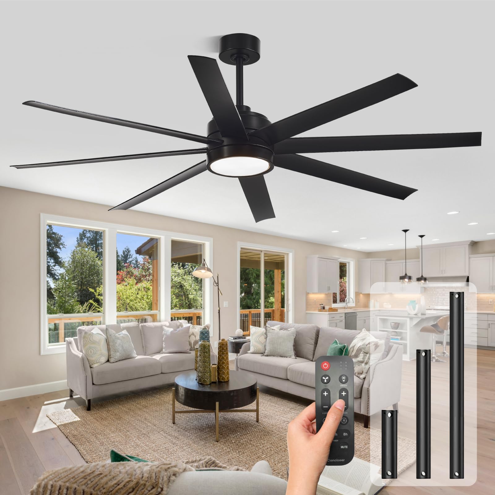 Modern Ceiling Fans With Lights, 65 Inch Ceiling Fan With Light And Remote For Bedroom Living Room Kitchen Office, Indoor/Outdoo