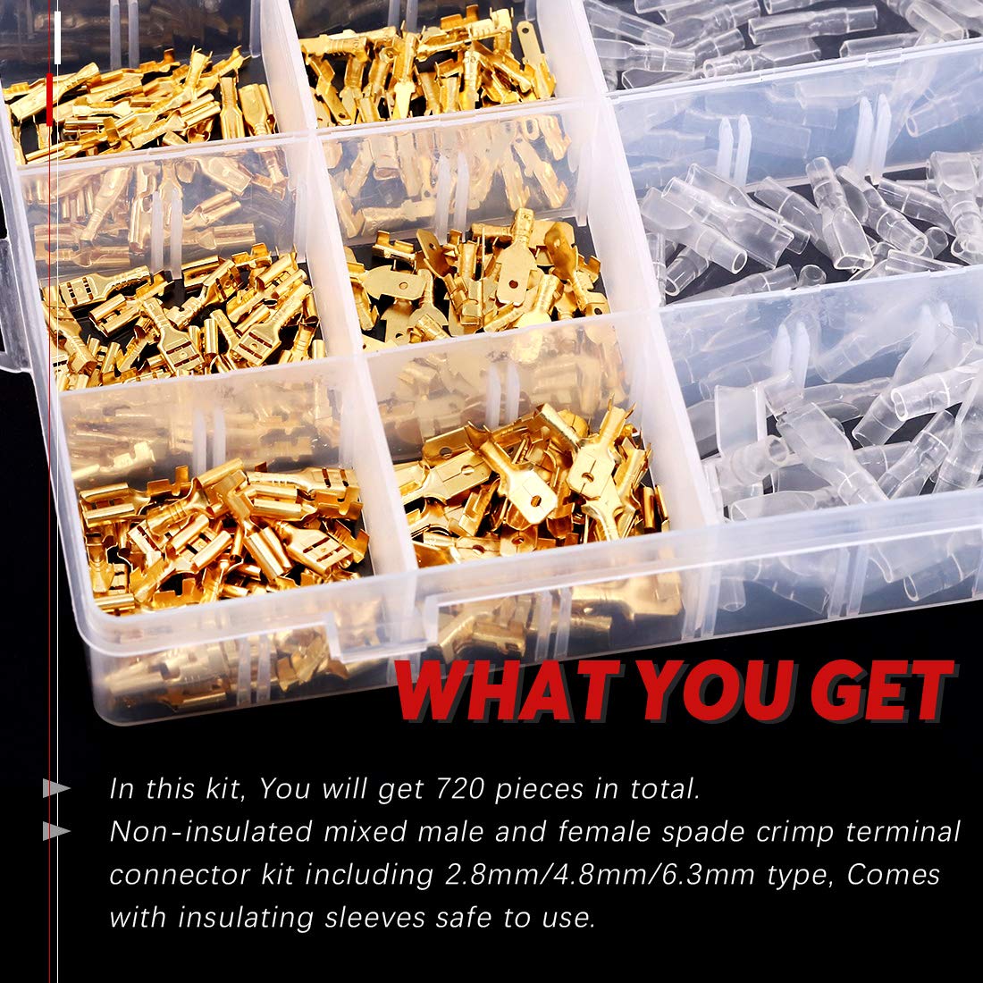 Hilitchi 720Pcs Gold Quick Splice Male And Female Wire Spade Connector Wire Crimp Terminal Block With Insulating Sleeve For Elec