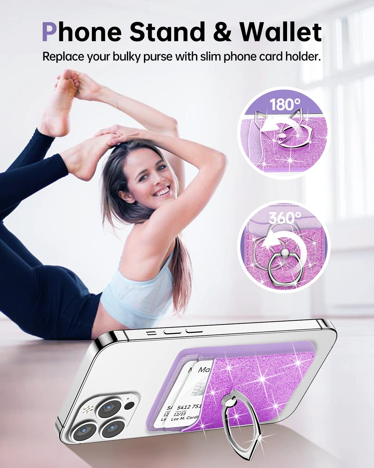 Gospire Magsafe Wallet With Ring For Iphone 15/14/13/12 Series, Magsafe Wallet Glitter With Credit Card Rfid Blocking & 360   Ro