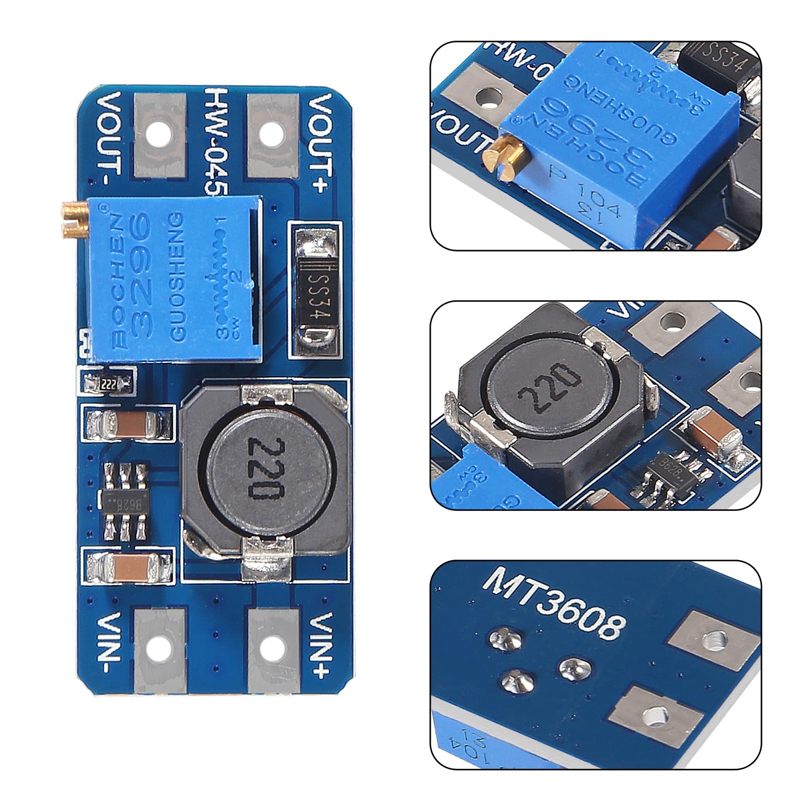 Aitrip 5Pcs Mt3608 Dc Dc Boost Converter 2A Adjustable Step Up Module Voltage Regulator Board Input Voltage 2V 24V To 5V 28V Out