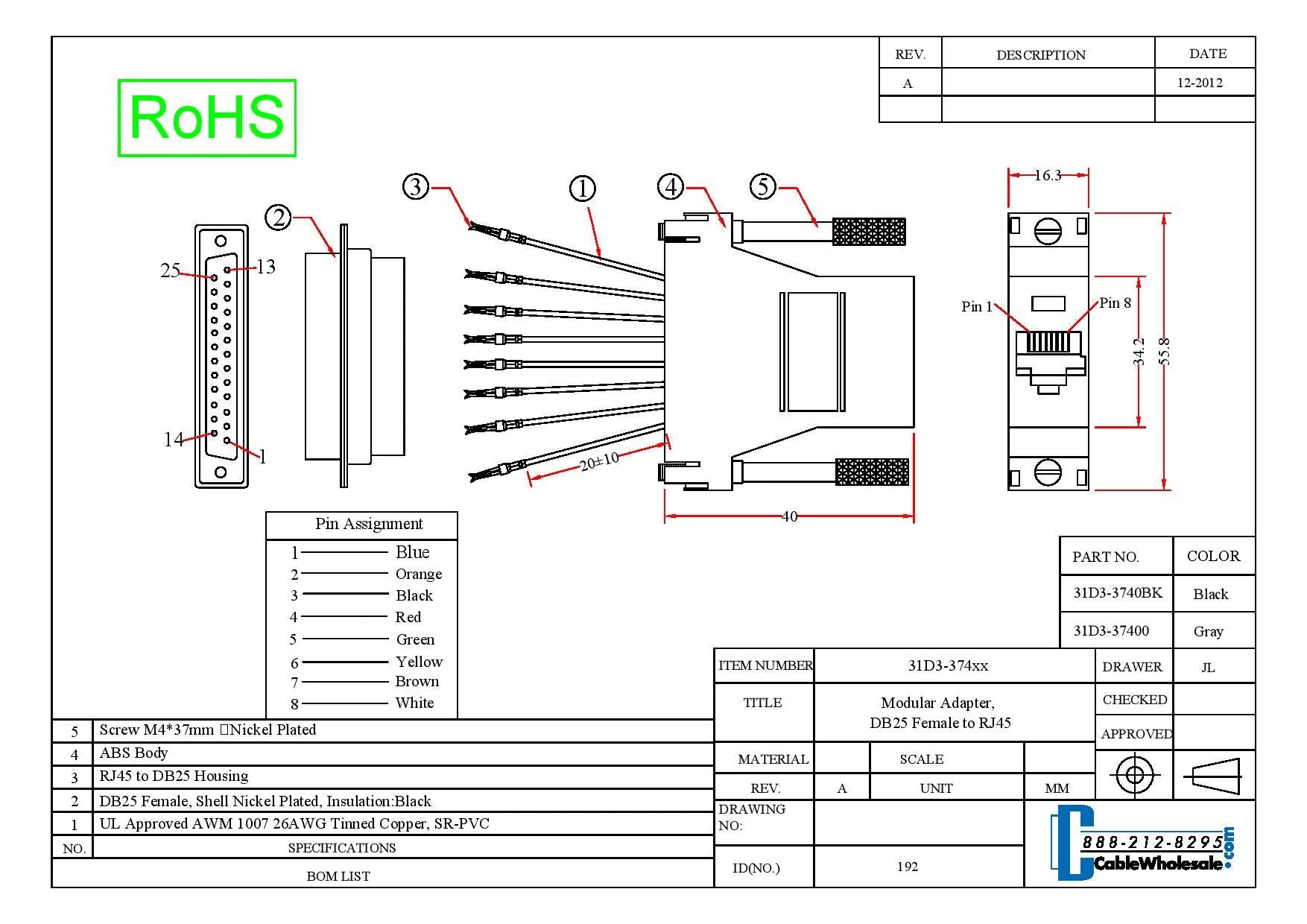 Cablewholesale Db25 To Rj45 Modular Adapter   F/F   Serial Adapter, Db25 Female To Rj45 Female Jack, Db25 Female To Rj45 Female