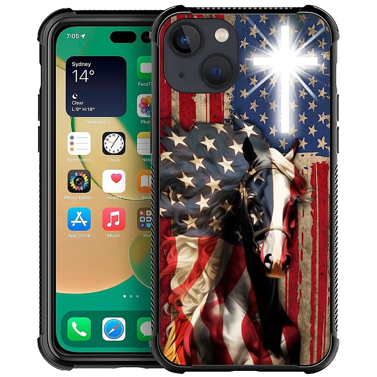 Fkbrcl4U For Iphone 14 Plus Case, Red American Flag Horse Cross Pattern Made Of Soft Silicone Hard Acrylic Shock Protection For 