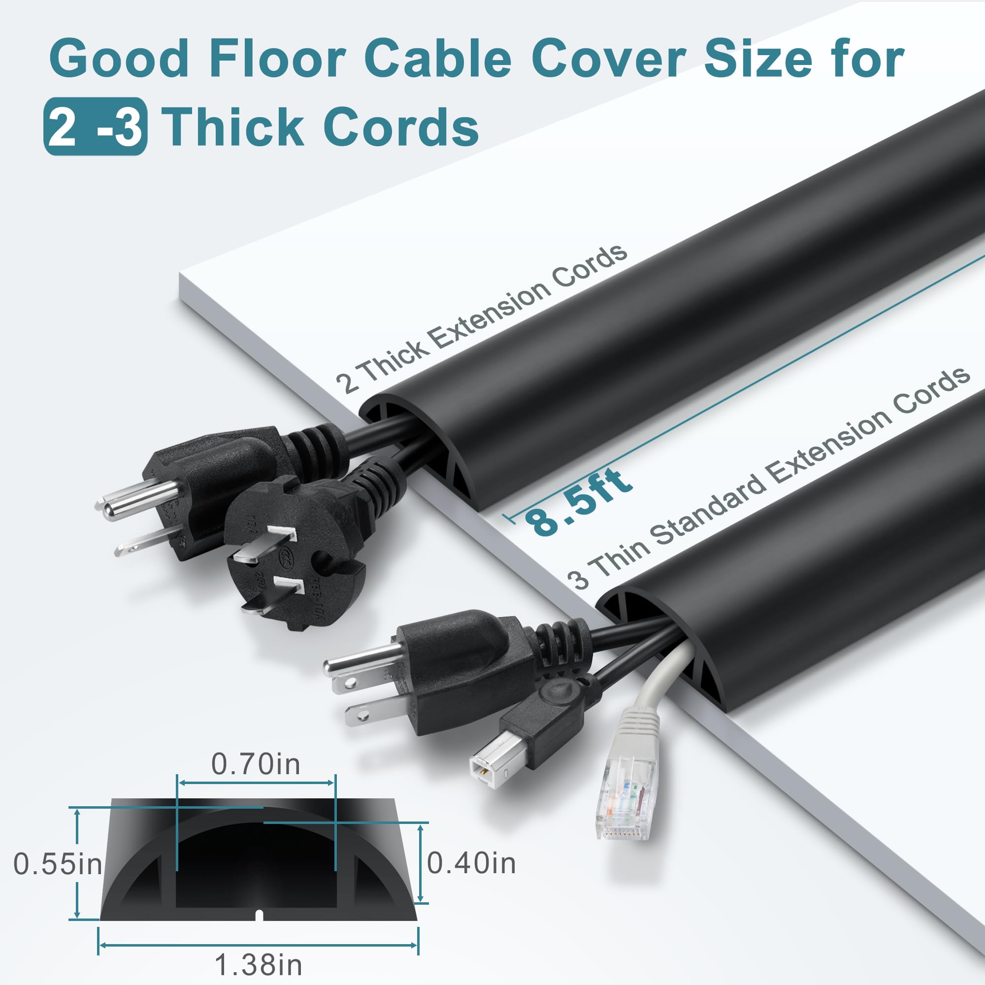 8.5Ft Cord Covers For Wires On Floor, Black Floor Cable Cover, Flexible Extension Cord Cover For Floor Cable Management, Wire Co