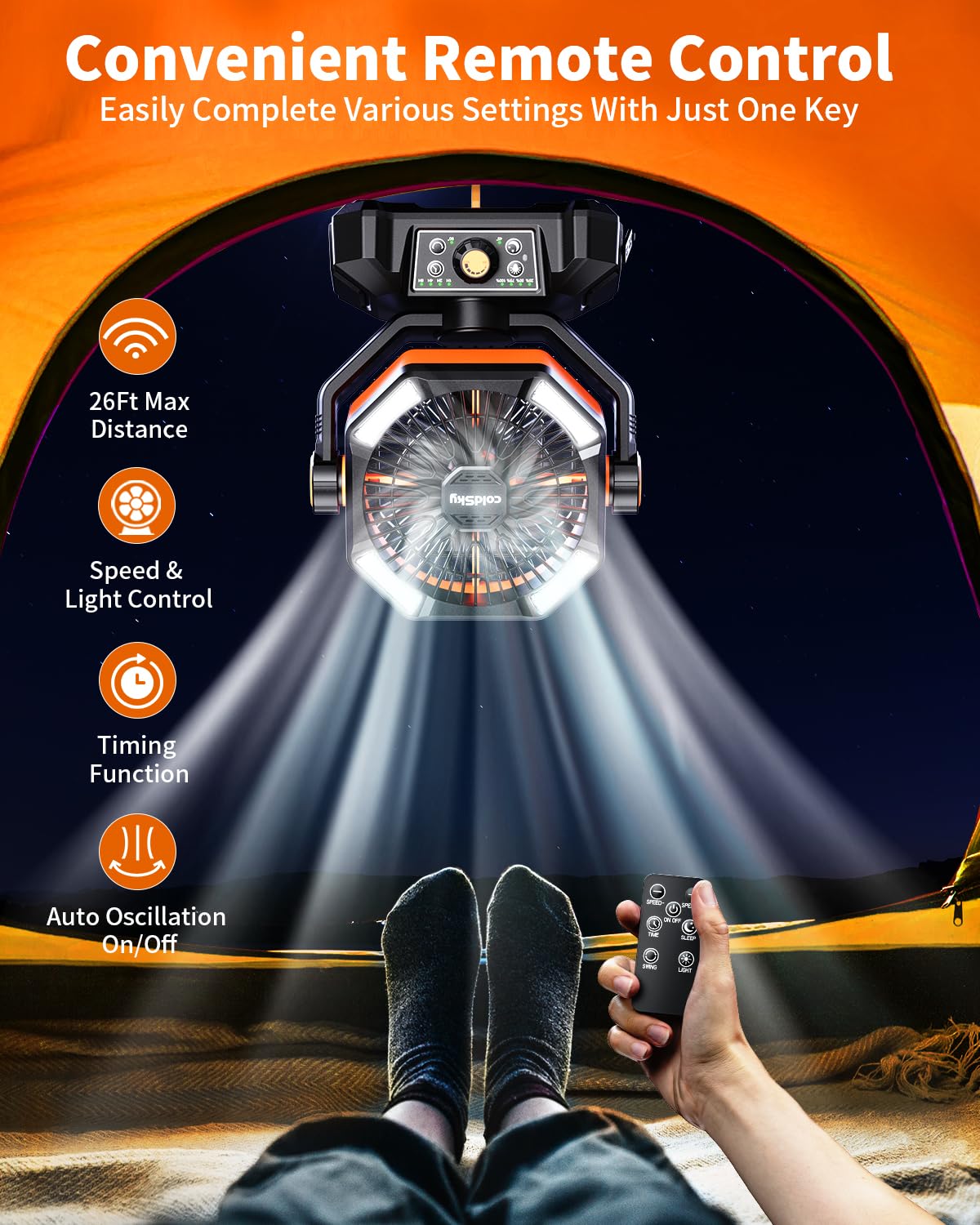 Coldsky ???????????????? Camping Fan With Dual Motor, Battery Operated Fan With 4 Led Lantern, 8 Speeds Desk Fan With Remote, Po