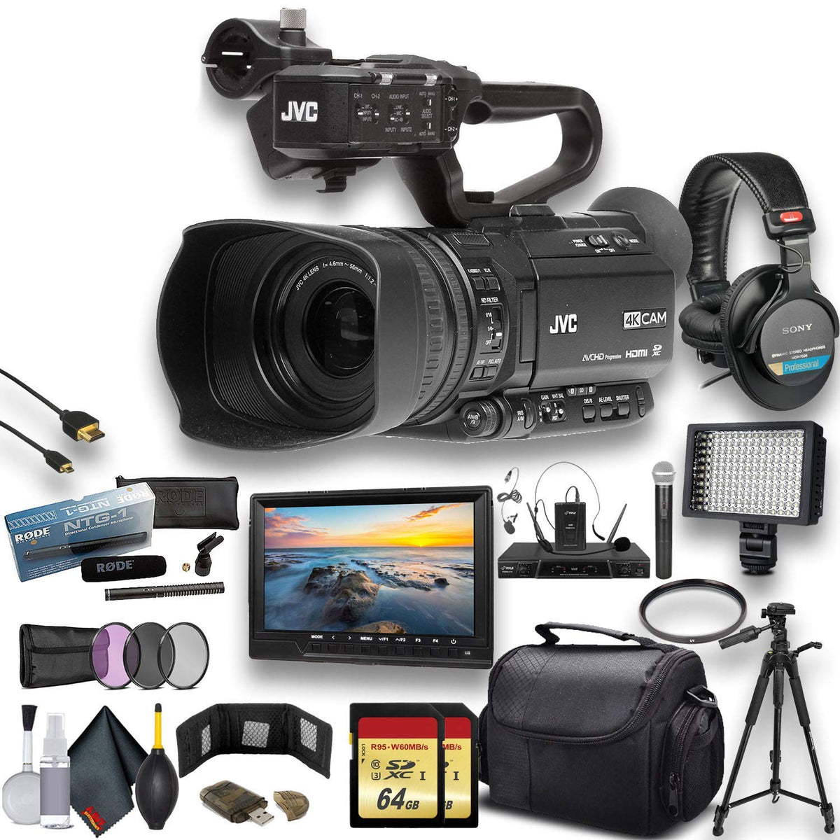Jvc Gy-Hm250 Uhd 4K Streaming Camcorder W/ 2 X 64Gb Memory Card, Tripod, Rode Mic, External Monitor, Sony Pro Headphones, Case, 