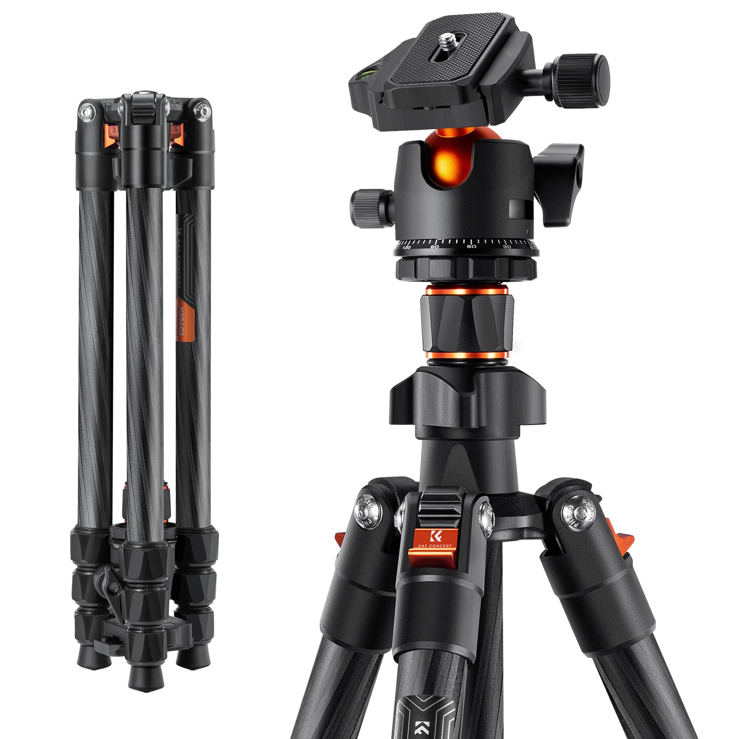 K&F Concept 64 Inch/163Cm Carbon Fiber Camera Tripod,Lightweight Travel Tripod With 36Mm Metal Ball Head Load Capacity 8Kg/17.6L