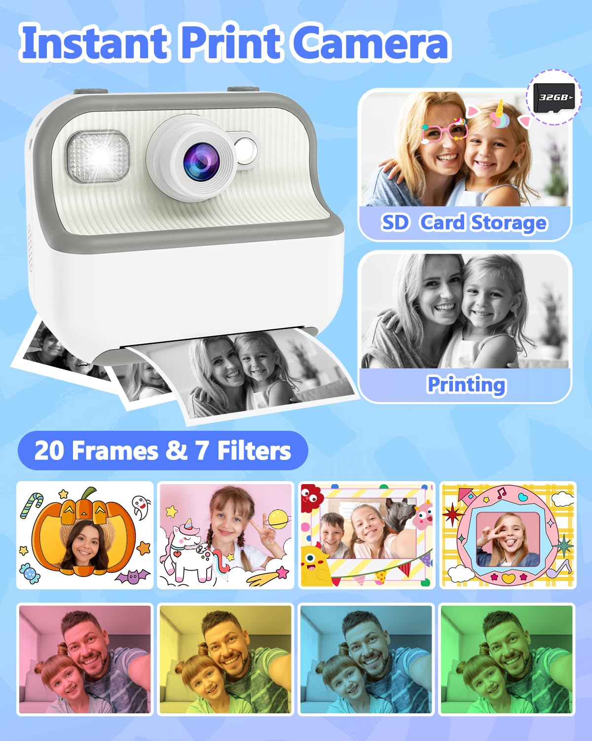 Instant Print Camera For Kids, Christmas Birthday Gifts For Girls Boys, Hd Dual Digital Video Cameras For Kids, Portable Toy For