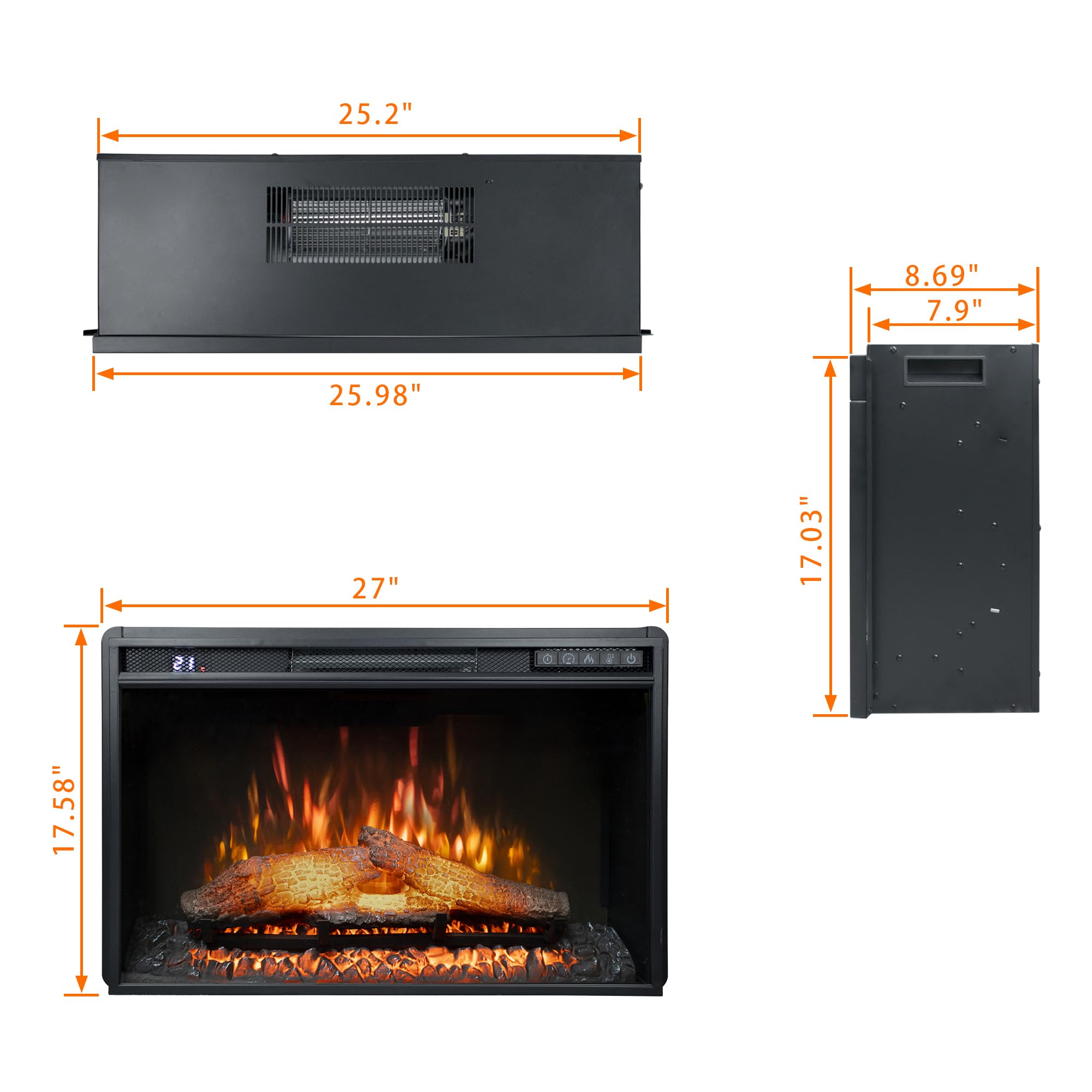 Rodalflame 26 Wide Electric Fireplace Insert, 6 Brightness Level, 5 Flame Speed, 62-82?, Timer & Remote Control, Indoor Fireplac