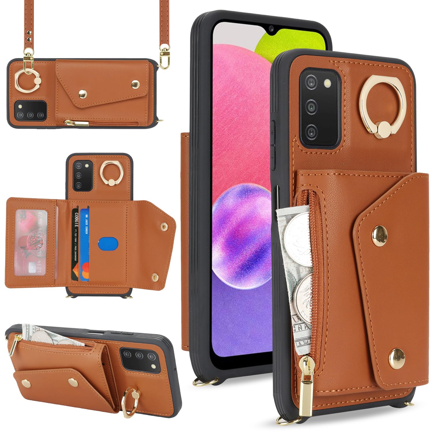 Lipvina For Samsung Galaxy A03S 5G Case With Card Holder And Strap - Zipper Pocket,Crossbody Lanyard Strap,Credit Card Holder,St