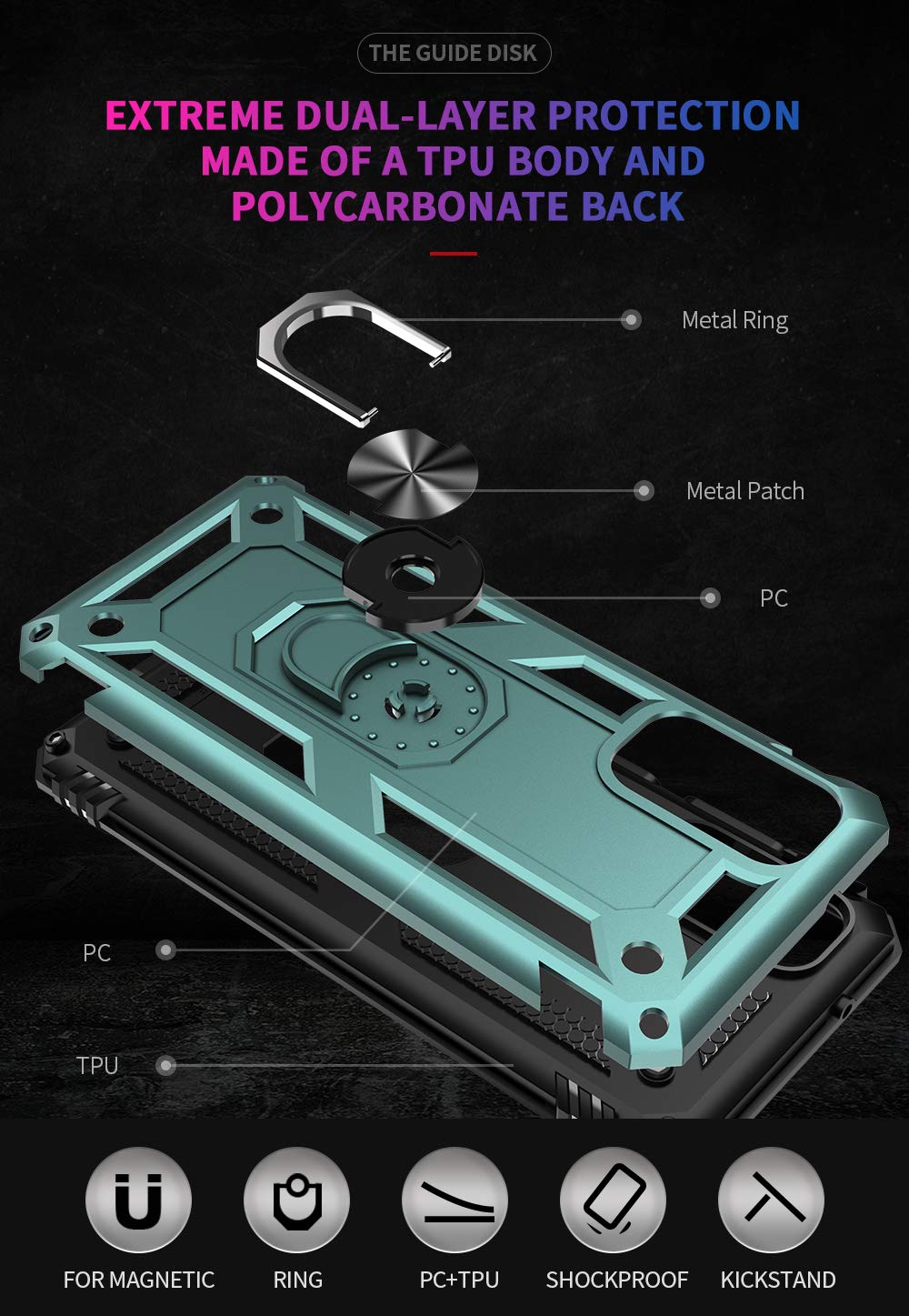 Addit Samsung S20 Fe Case, Military Grade, Heavy Duty With Stand Ring & Magnet Car Mount - Teal